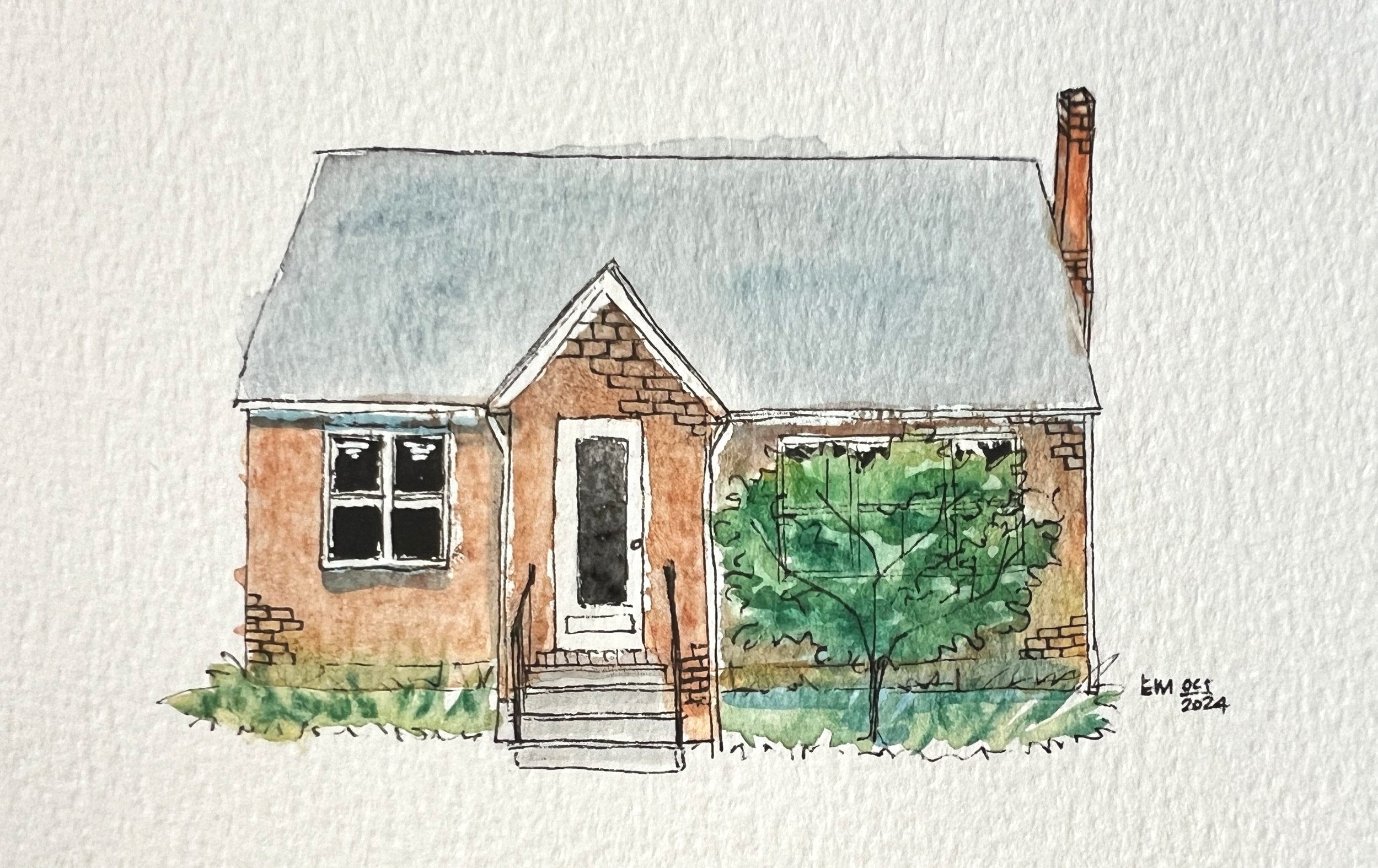 There's a series of these small houses in a row - some are brick, others are stone. I wonder what the story is.
Materials: Two Hands Pigment Liner | Sakura Koi Water Colors | Watercolor postcard