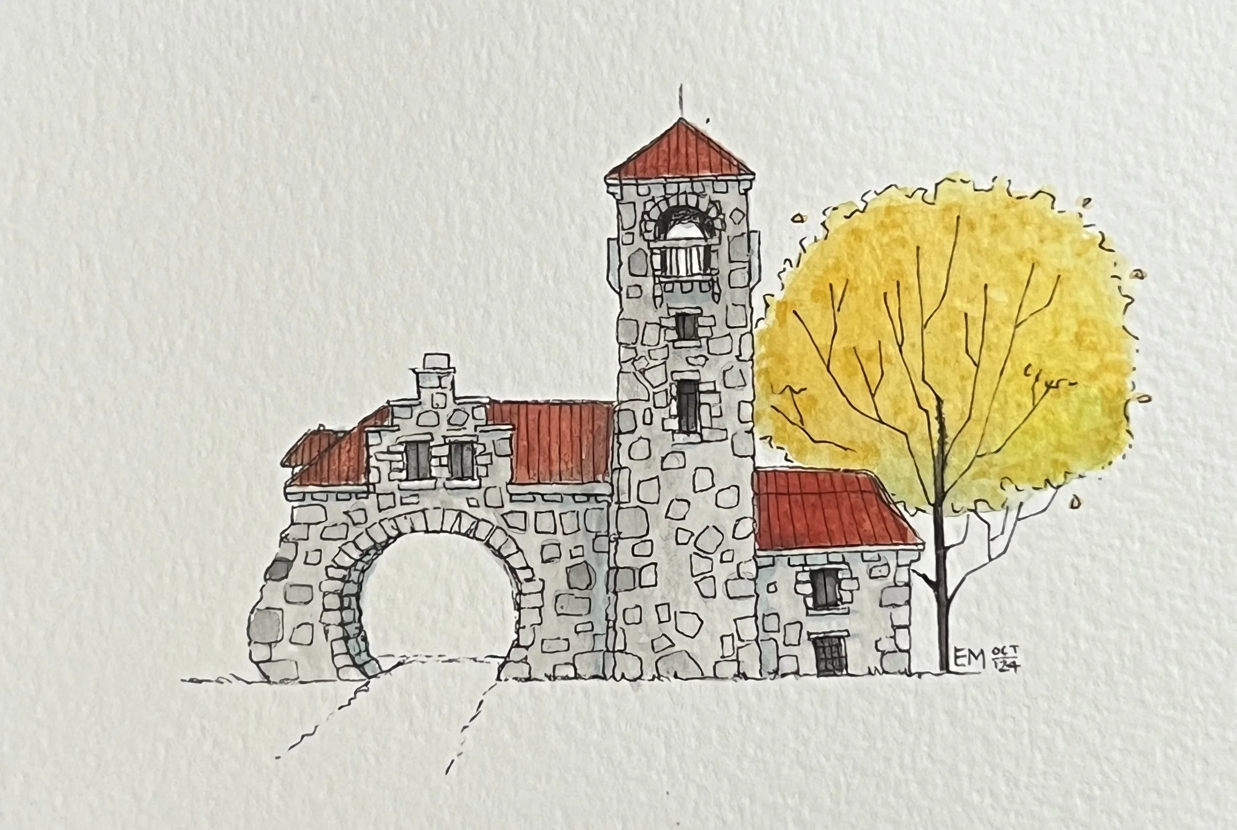 Mohonk Testimonial Gateway (aka the Gatehouse) as seen when walking out in the fall. 
Location: New Paltz | NY | USA

Materials: Two Hands Pigment Liner | Sakura Koi Water Colors | Watercolor postcard