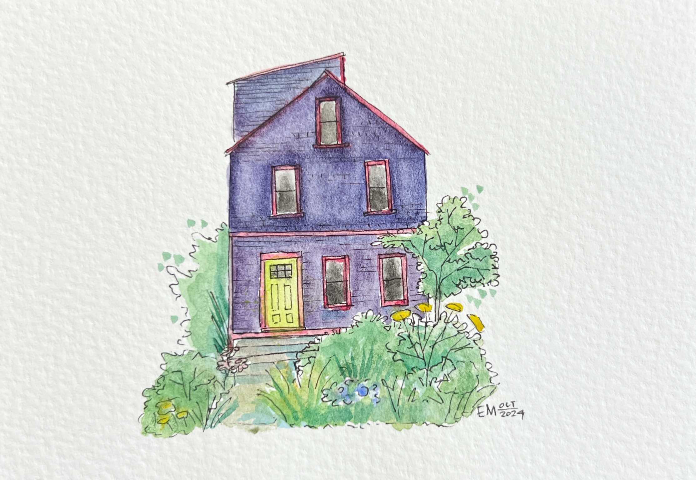 This house gets my vote for best garden. There's always something blooming and the greenery is lush and overflowing with life. The color is also quite distinctive.
Materials: TwoHands Pigment Liner | Sakura Koi Water Colors | Water color postcard