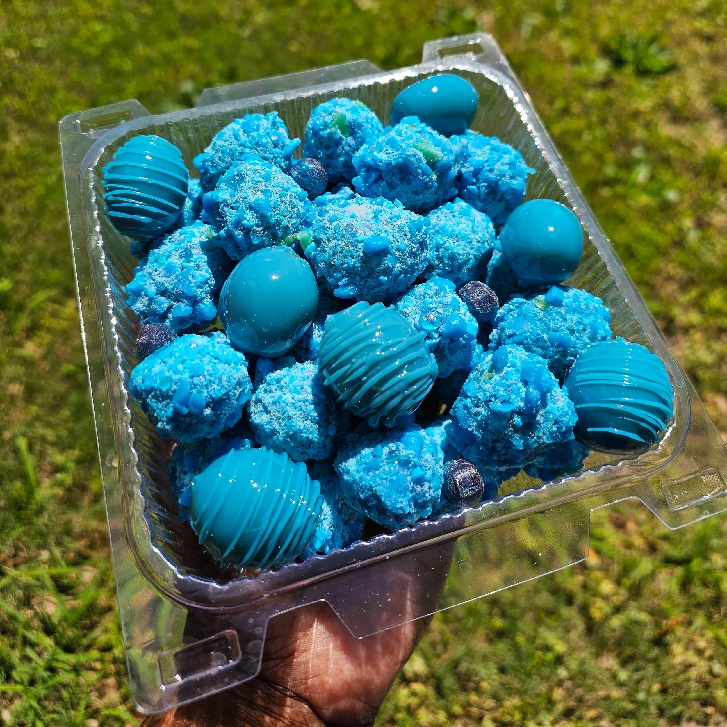 A hand holding a clear plastic container filled with blue candies and chocolates, with some coated in blue sugar and others smooth, wrapped in blue foil, outdoors on grass.