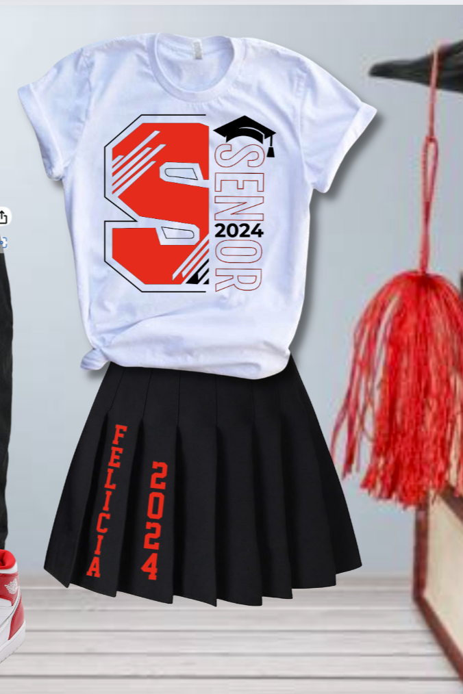 White T-shirt with red and black graphic design and the text "Senior 2024" hanging over a black pleated skirt with red text reading "Felicía 2024."
