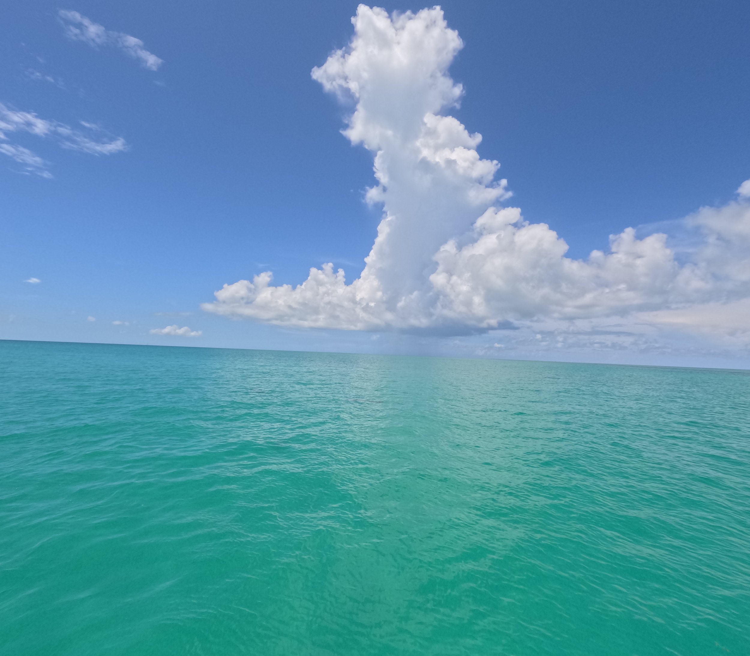 A calm, turquoise ocean under a bright blue sky with scattered white clouds.