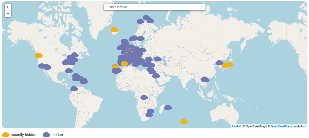 World map showing mostly hidden locations marked with purple and some recently hidden locations marked with orange.