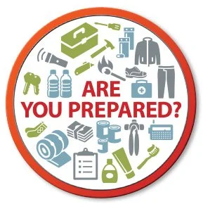 A circular graphic with various emergency preparedness items surrounding the text 'Are You Prepared?' in red and white.