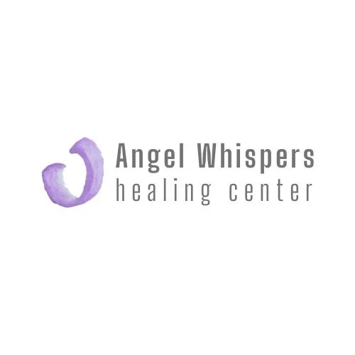 Logo for Angel Whispers Healing Center with a purple abstract wing and text.