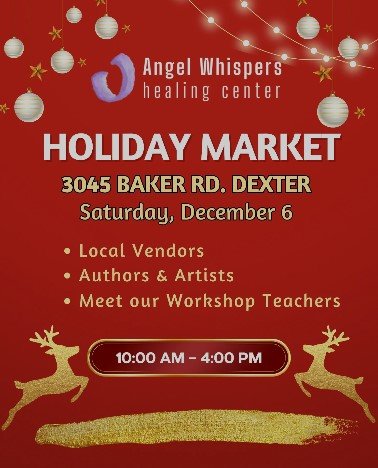 Holiday market poster with a red background and white and gold decorations, featuring event details including date, location, and activities, with two gold reindeer at the bottom.