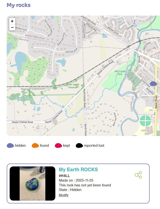 A map showing an area with parks and roads, indicating the locations of rock treasures categorized as hidden, found, kept, or reported lost. A small photo of a painted rock with a world map design is shown below, labeled as a hidden rock not yet found.