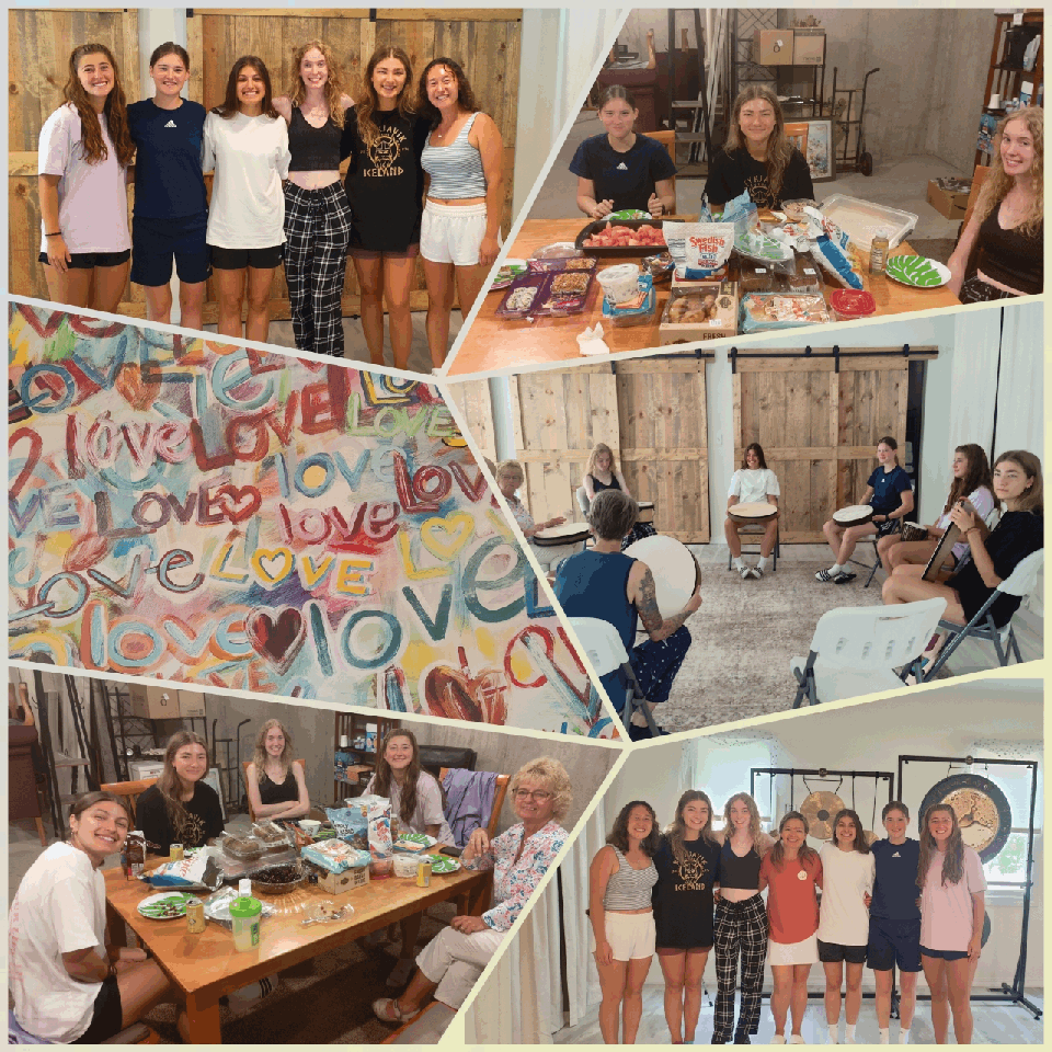 A collage of six photos showing a group of young women participating in various activities. They are seen smiling, dining together, doing arts and crafts, seated in a circle in a studio, and playing drums, with a rustic setting and casual attire.