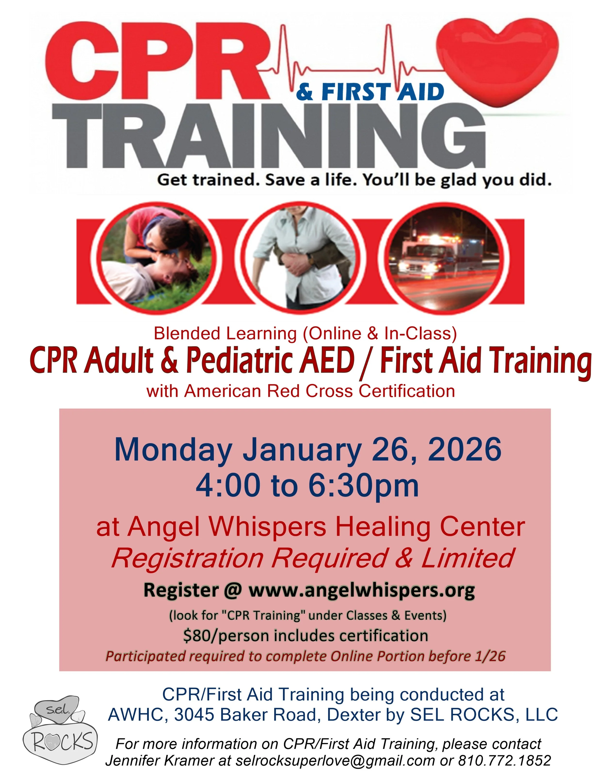 Poster advertising CPR and first aid training, featuring images of a person performing CPR, a first aid scene, and an emergency vehicle. Contains details about the training session scheduled for January 26, 2026, at Angel Whispers Healing Center.