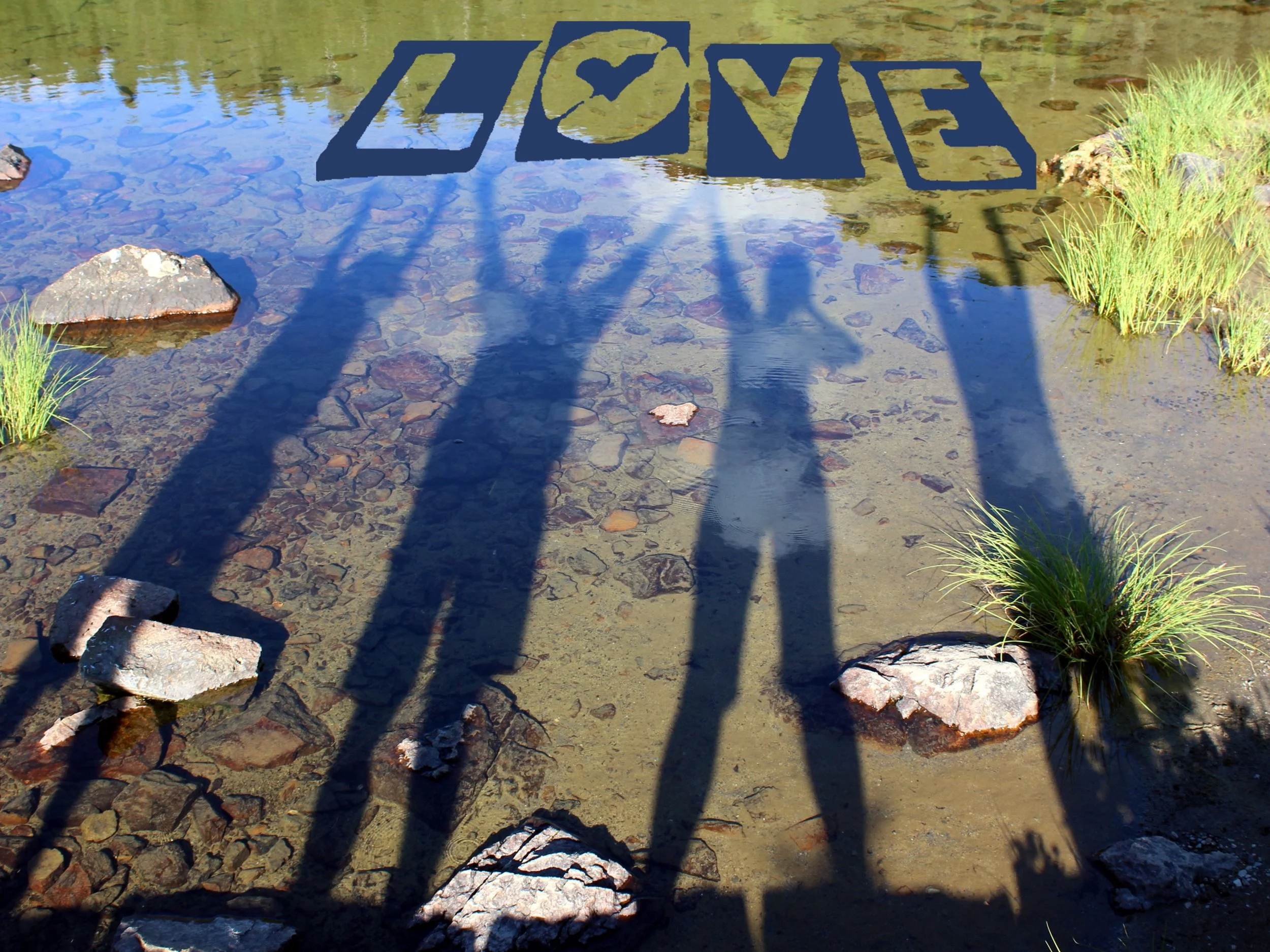 Shadows of five people cast on a shallow river bed with rocks and grass, with the word LOVE spelled out in stylized letters floating on the water.