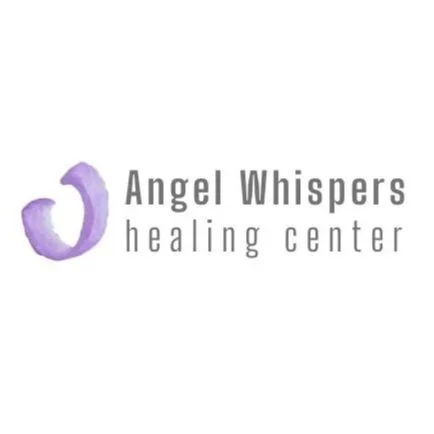 Logo for Angel Whispers Healing Center with purple watercolor angel wing and gray text.
