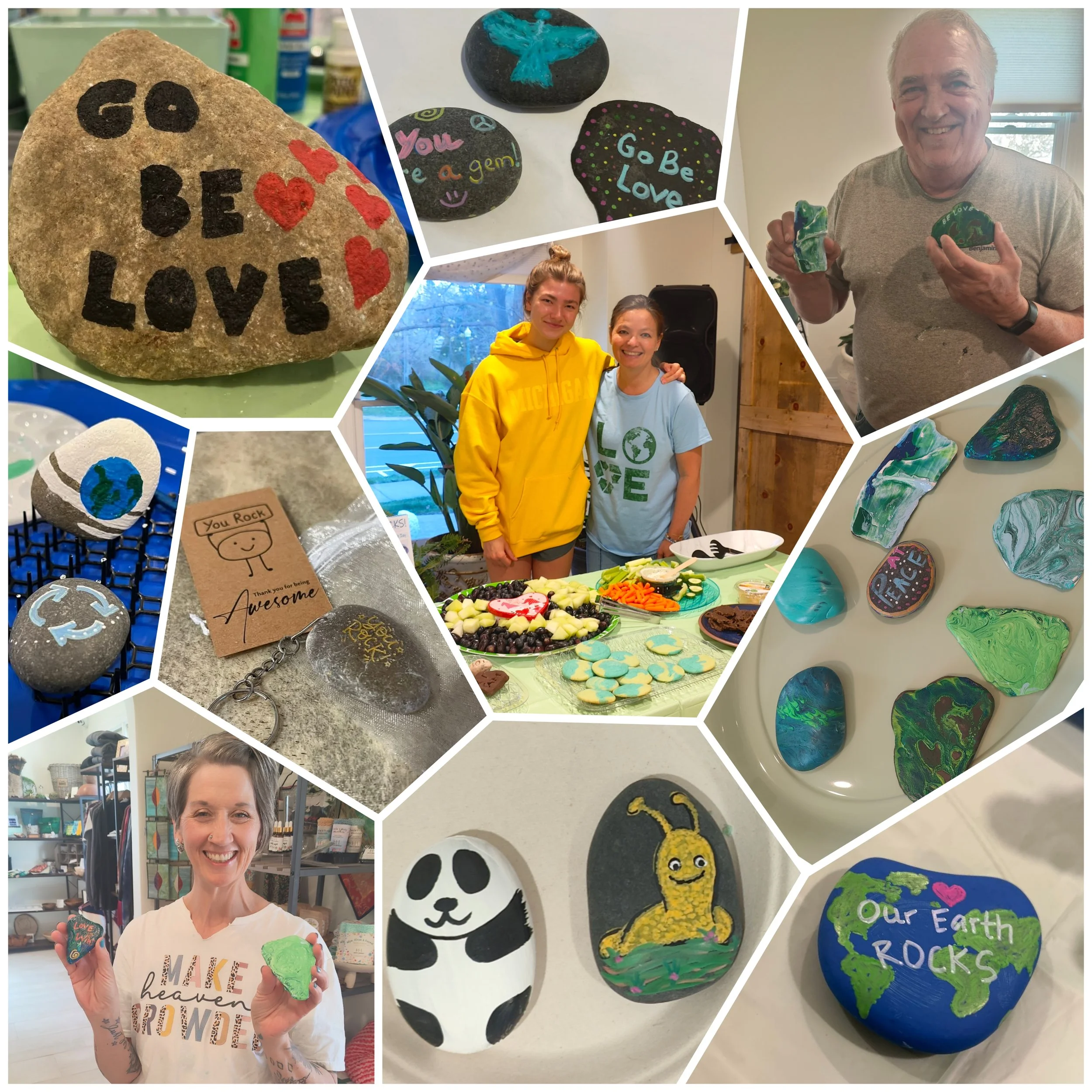 A collage of photos featuring painted rocks with messages and designs, people holding painted rocks, and a table with cookies decorated with earth-themed colors. Some rocks have messages like "Go Be Love," "You are a gem," and "Our Earth Rocks," while others have illustrations of animals and abstract patterns.