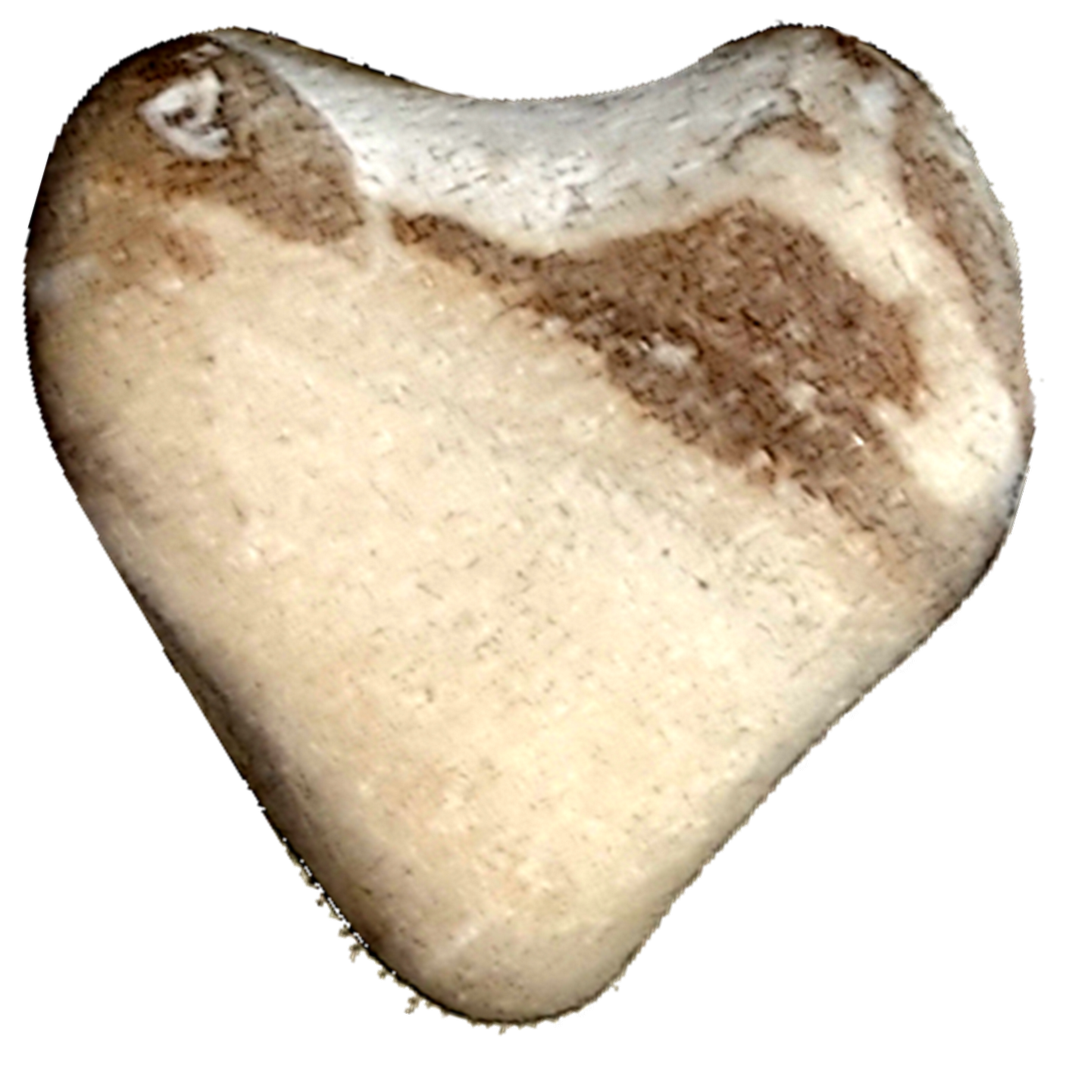 A heart-shaped stone with a natural beige and brown coloration.