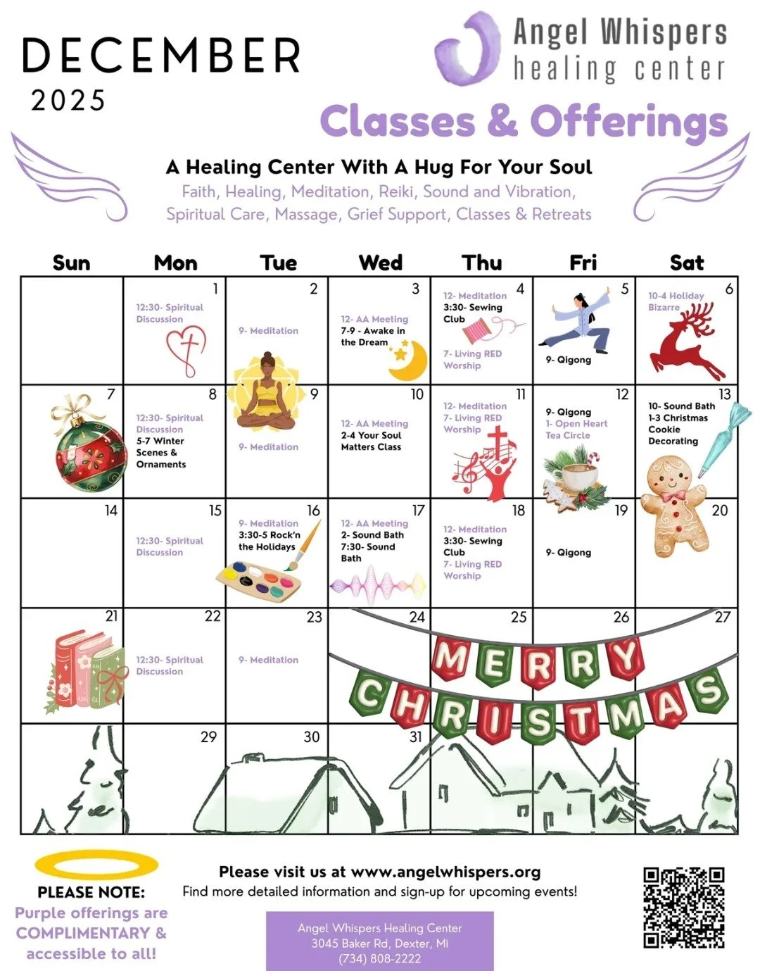 December 2025 calendar from Angel Whispers Healing Center with holiday and wellness class schedule, featuring Christmas decorations, a gingerbread man, Christmas ornaments, and a banner saying 'Merry Christmas'.