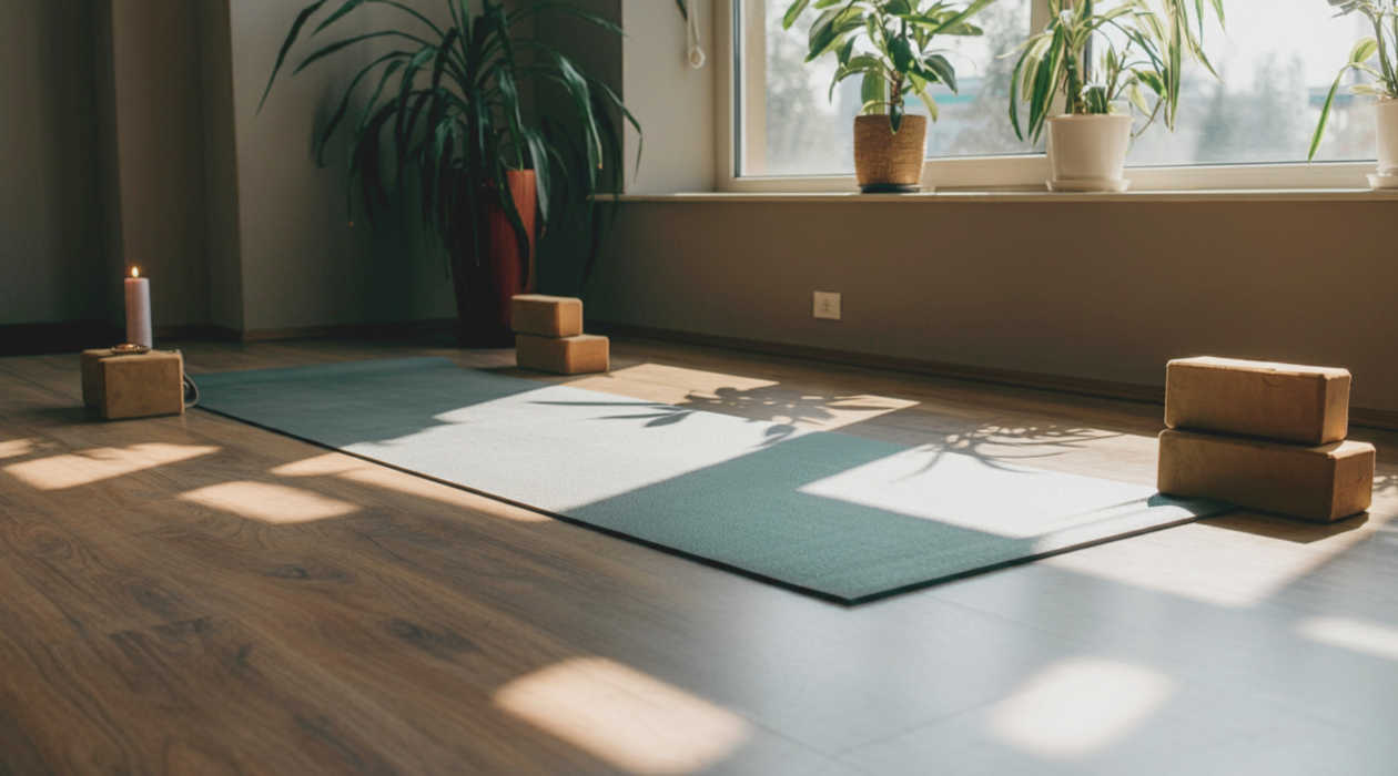 Yoga mat with blocks in a sunlit room, plants on the window sill, a candle, and tall potted plants.
