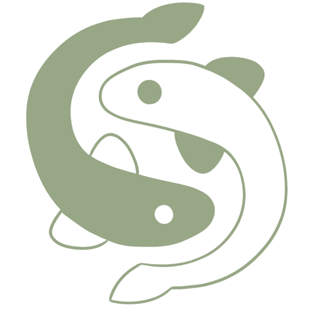 A stylized yin-yang symbol with two fish, one light green and one dark gray, intertwined in a circular pattern.
