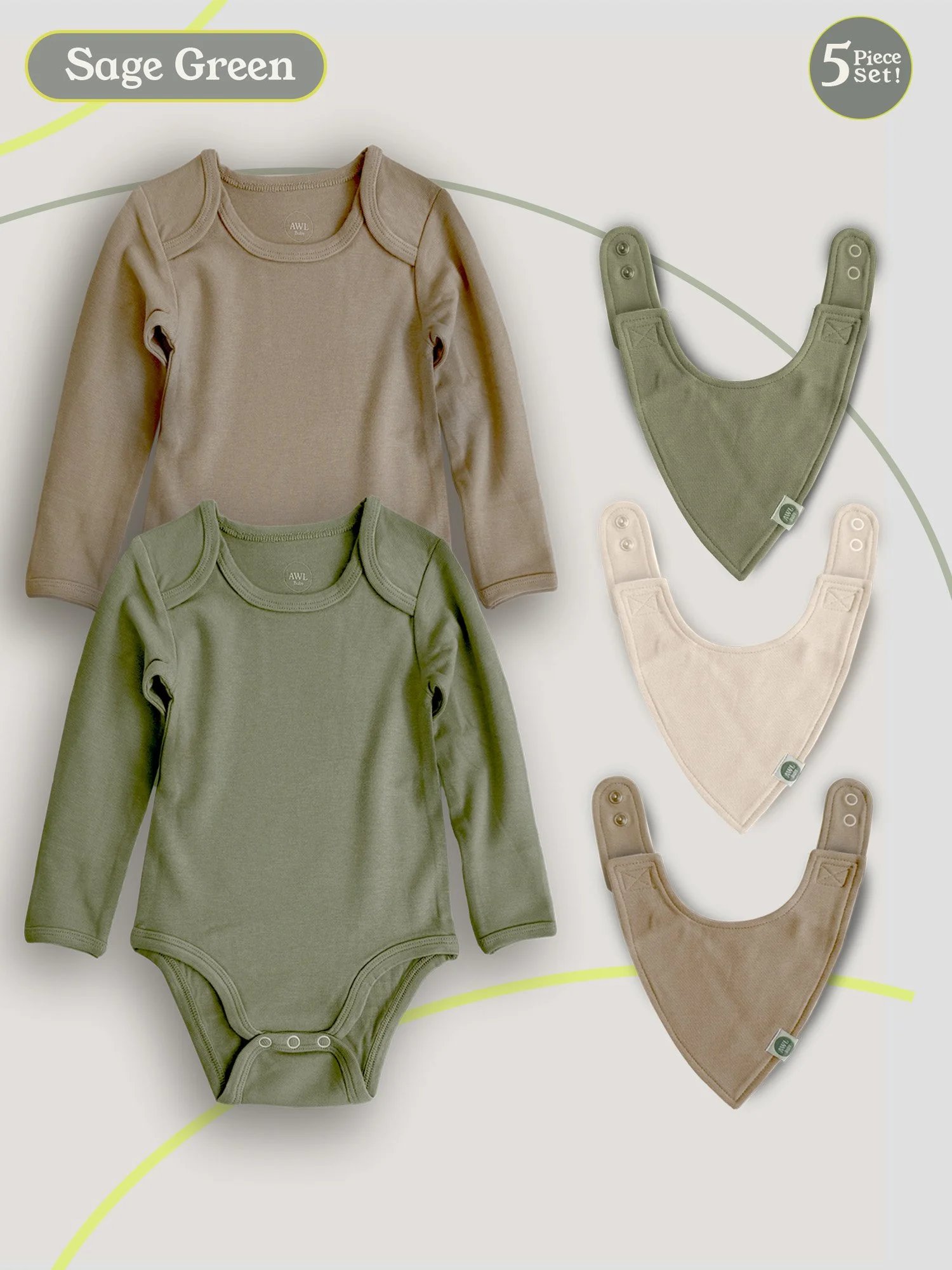 Flat lay of sage green and taupe baby bodysuits with matching quick-change bibs on a neutral background.