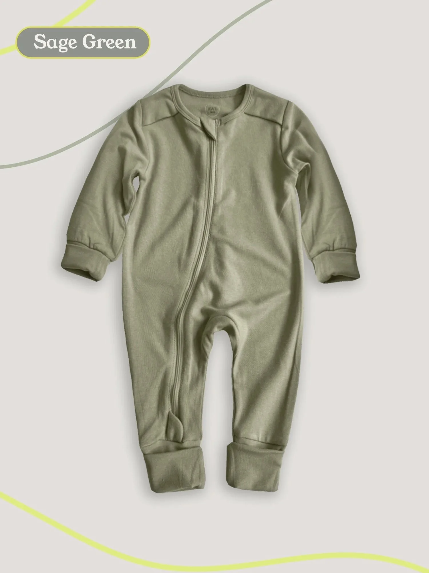 Flat lay of a sage green baby one-piece romper with long sleeves and cuffed legs on a neutral background.