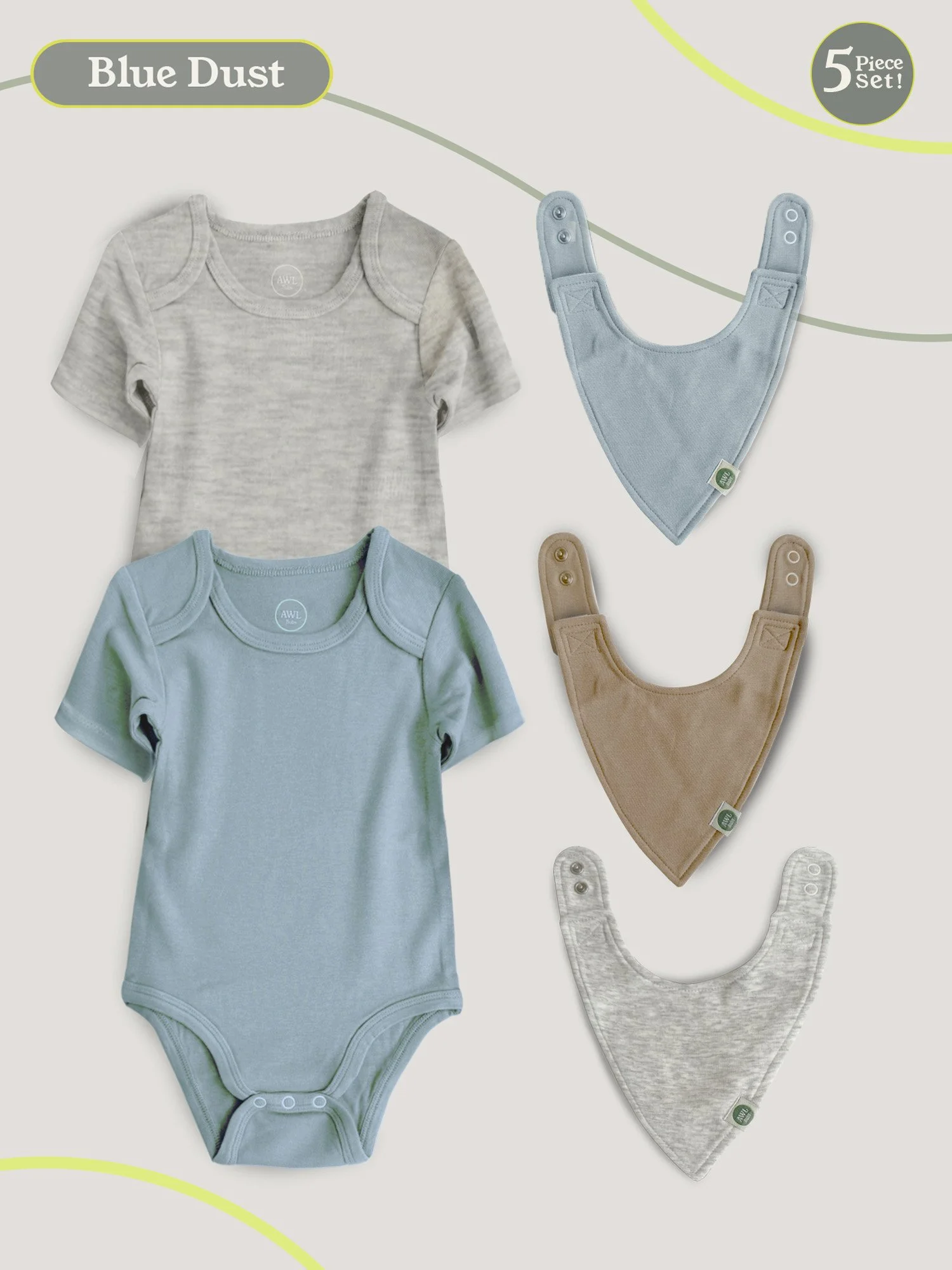 Flat lay of white and beige baby bodysuits with coordinating quick-change bibs.