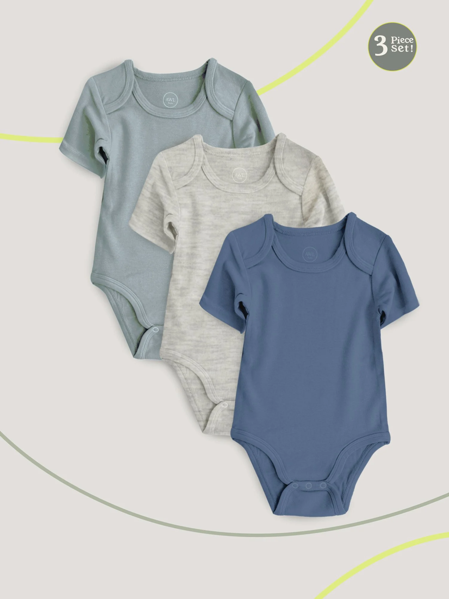 Flat lay of three baby bodysuits in gray, navy, and blue, stacked slightly offset on a neutral background.