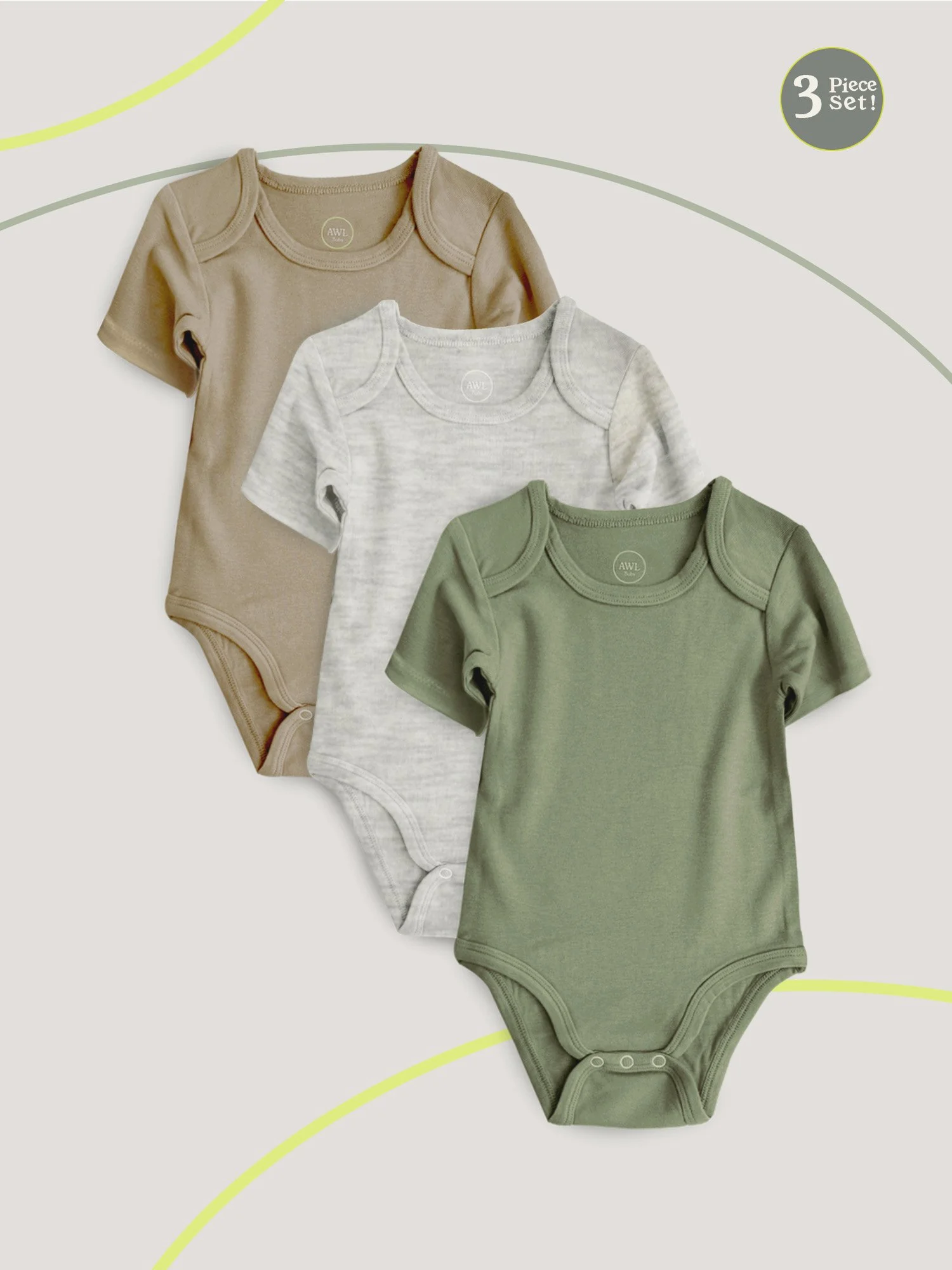 Flat lay of three baby bodysuits in taupe, gray, and sage green, stacked slightly offset on a neutral background.