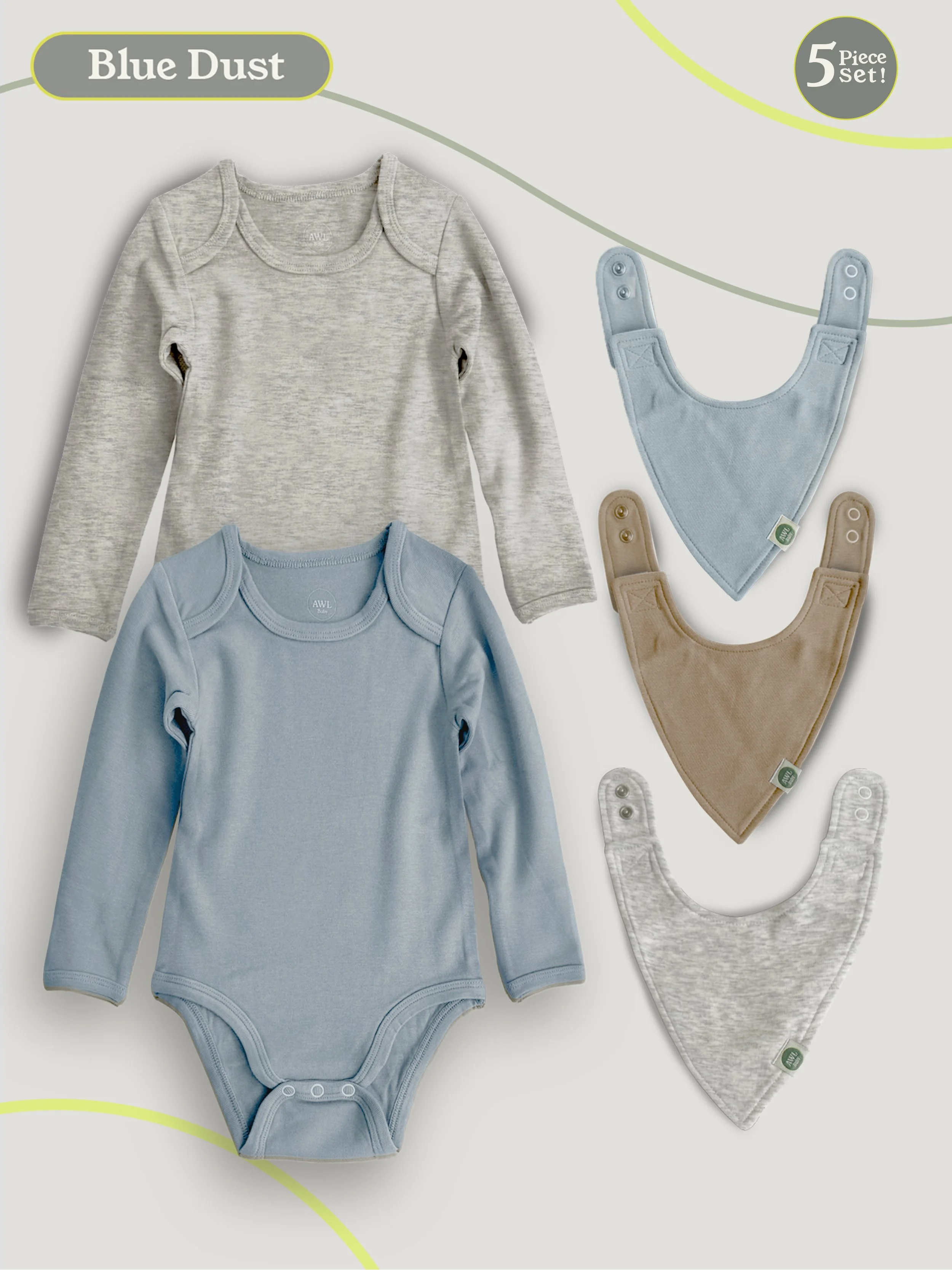 Flat lay of gray and blue baby bodysuits with matching quick-change bibs on a neutral background.