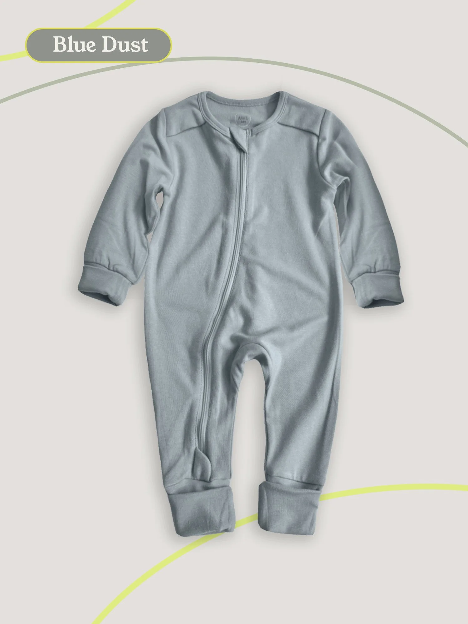 Flat lay of a blue baby one-piece romper with long sleeves and cuffed legs on a neutral background.