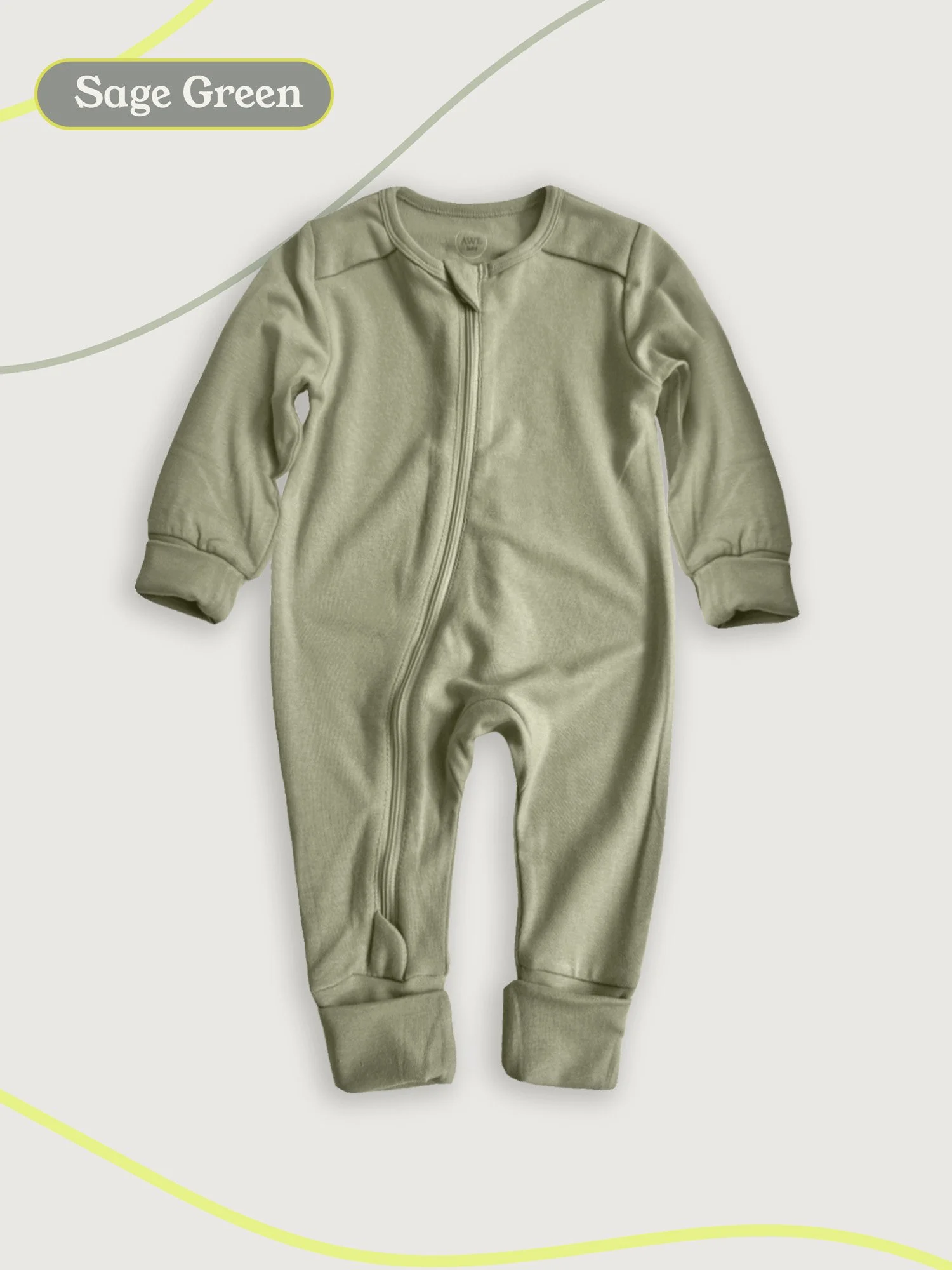 Flat lay of a sage green baby one-piece romper with long sleeves and cuffed legs on a neutral background.