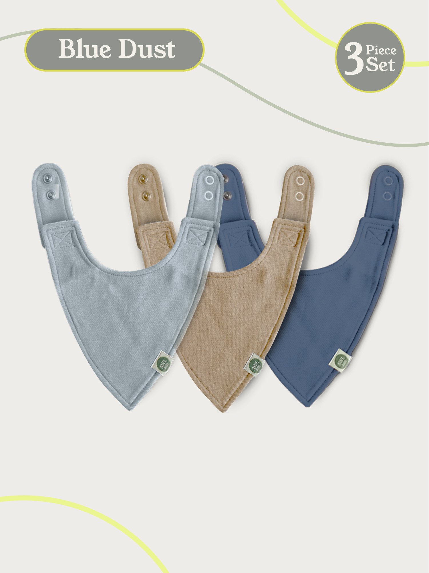 Three triangular baby bibs in blue, taupe, and navy arranged flat.
