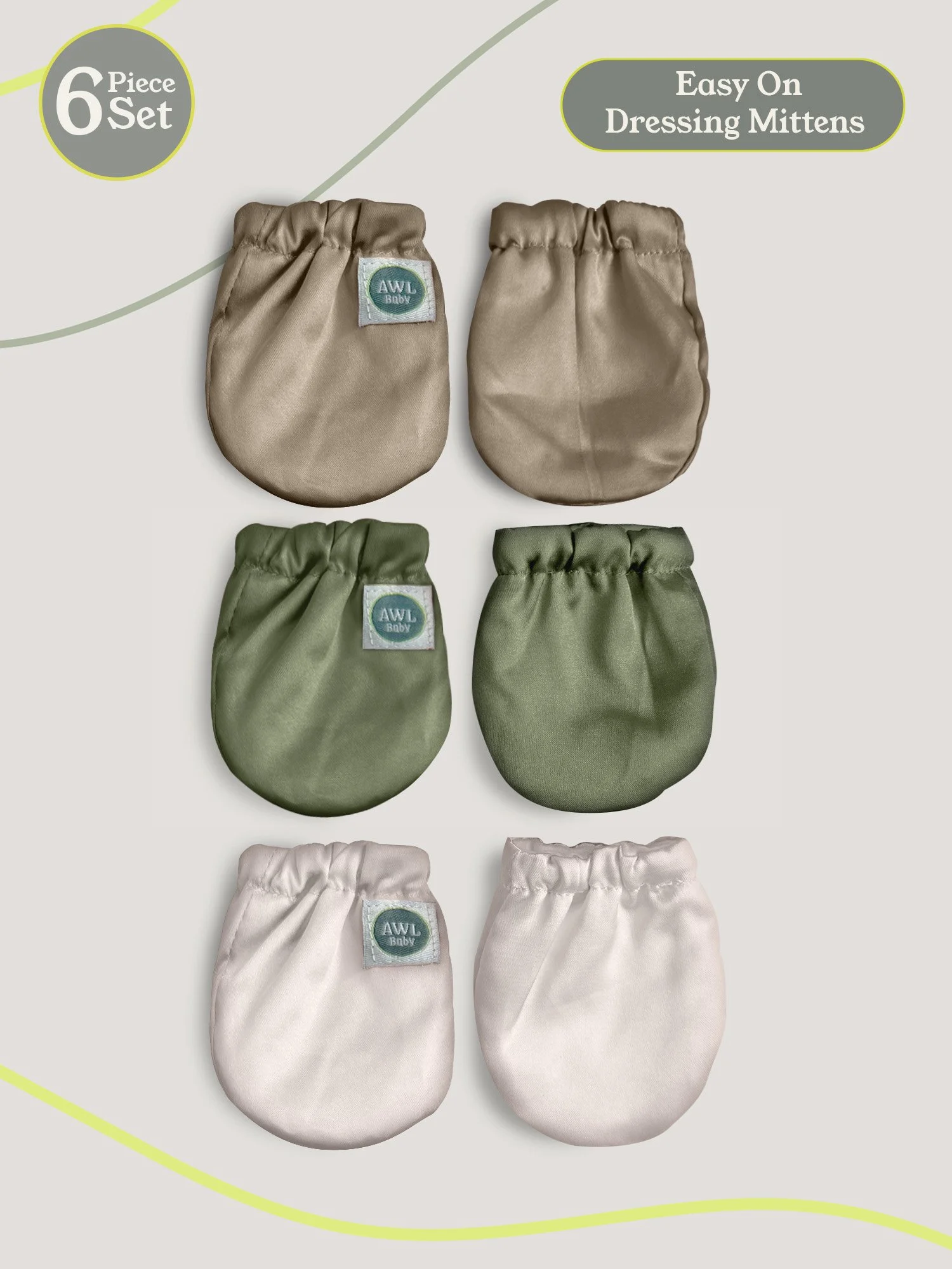Six-piece set of baby dressing mittens in taupe and sage green colors arranged in pairs.