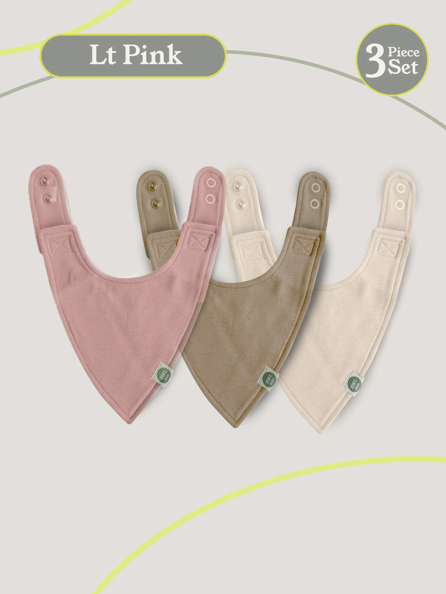 Three triangular baby bibs in light pink, cream, and taupe arranged flat.