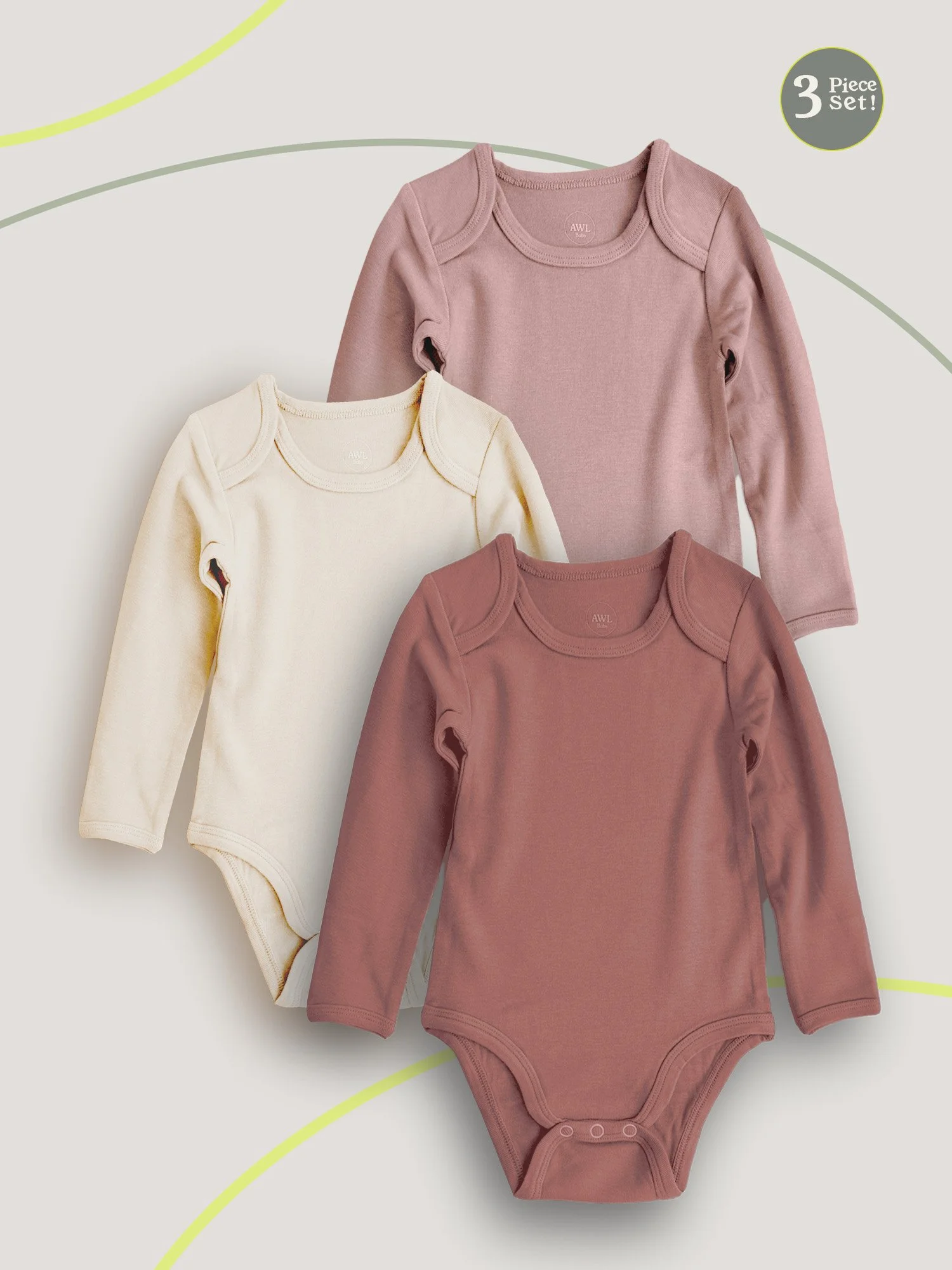 Set of three long-sleeve baby bodysuits in pink, beige, annd mauve pink arranged flat.