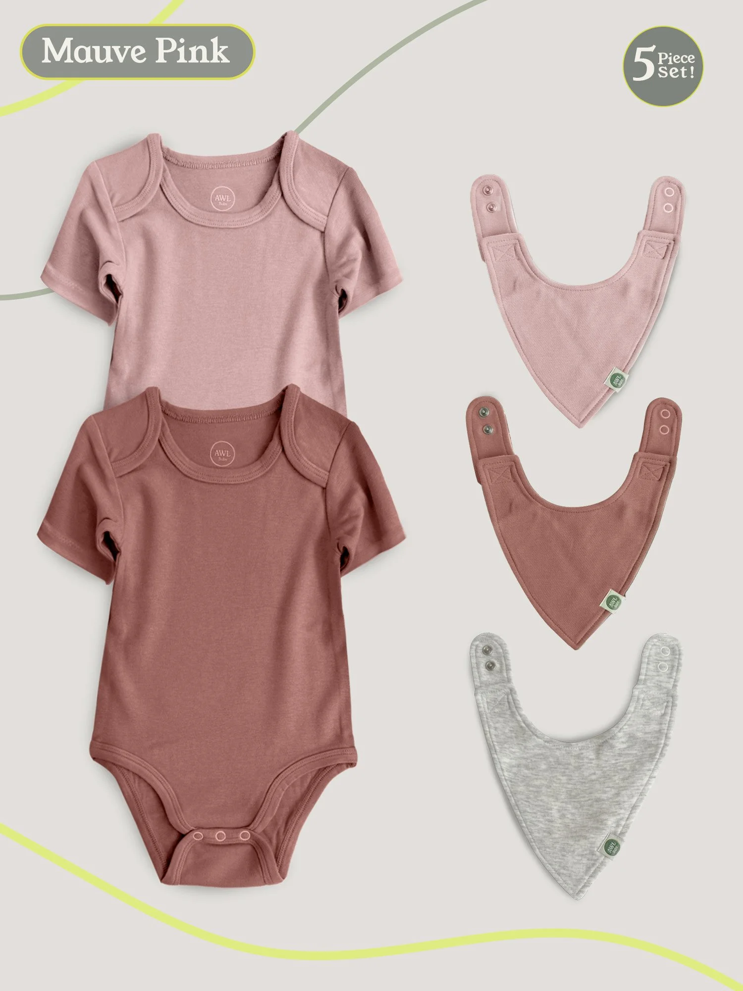 Flat lay of light pink and mauve pink baby bodysuits with coordinating quick-change bibs.