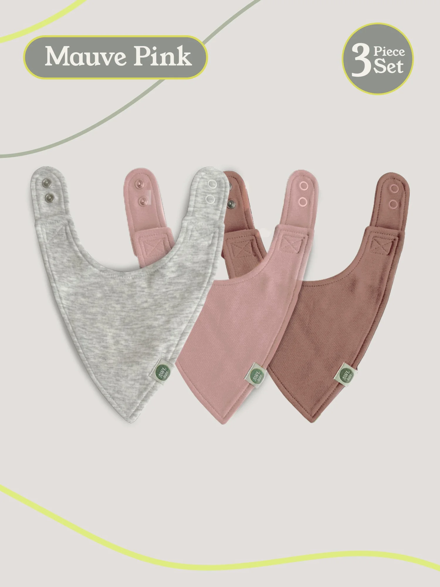 Three triangular baby bibs in gray, light pink, and mauve pink arranged flat.