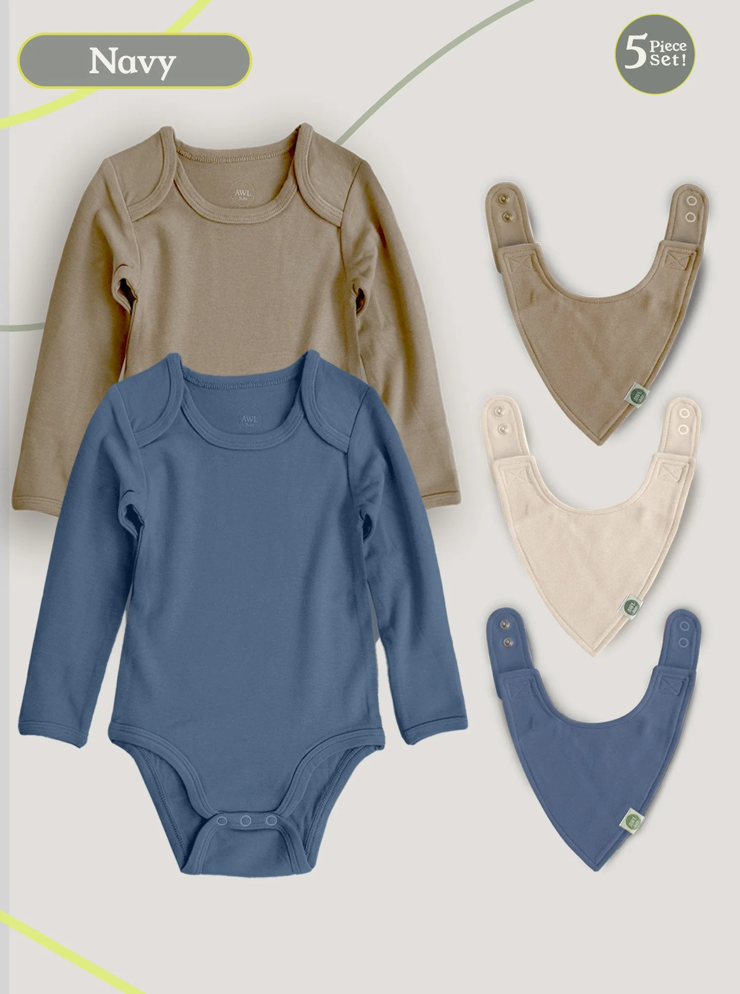 Flat lay of taupe and navy baby bodysuits with matching quick-change bibs on a neutral background.