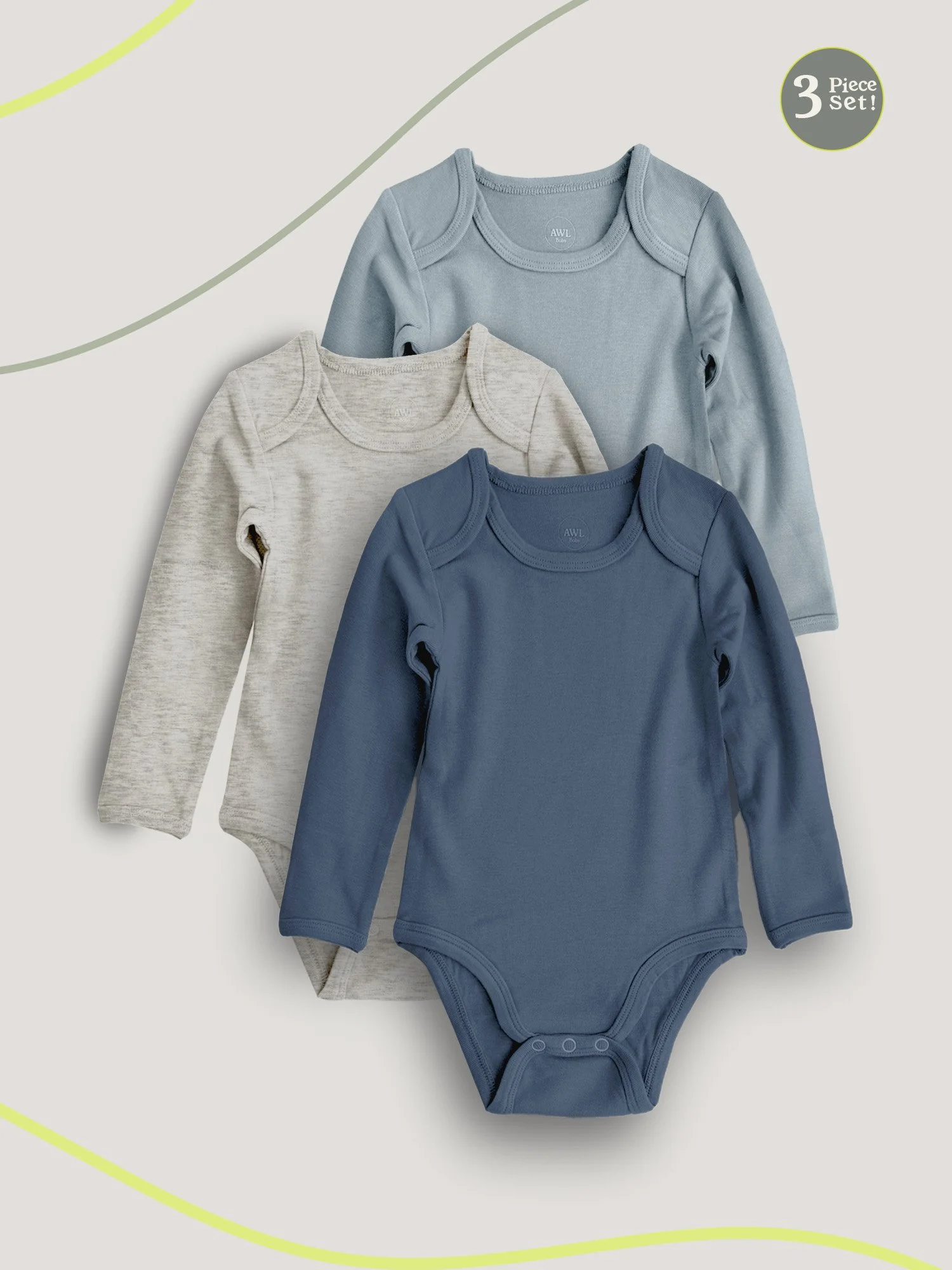 Set of three long-sleeve baby bodysuits in blue, gray, and navy, arranged flat.