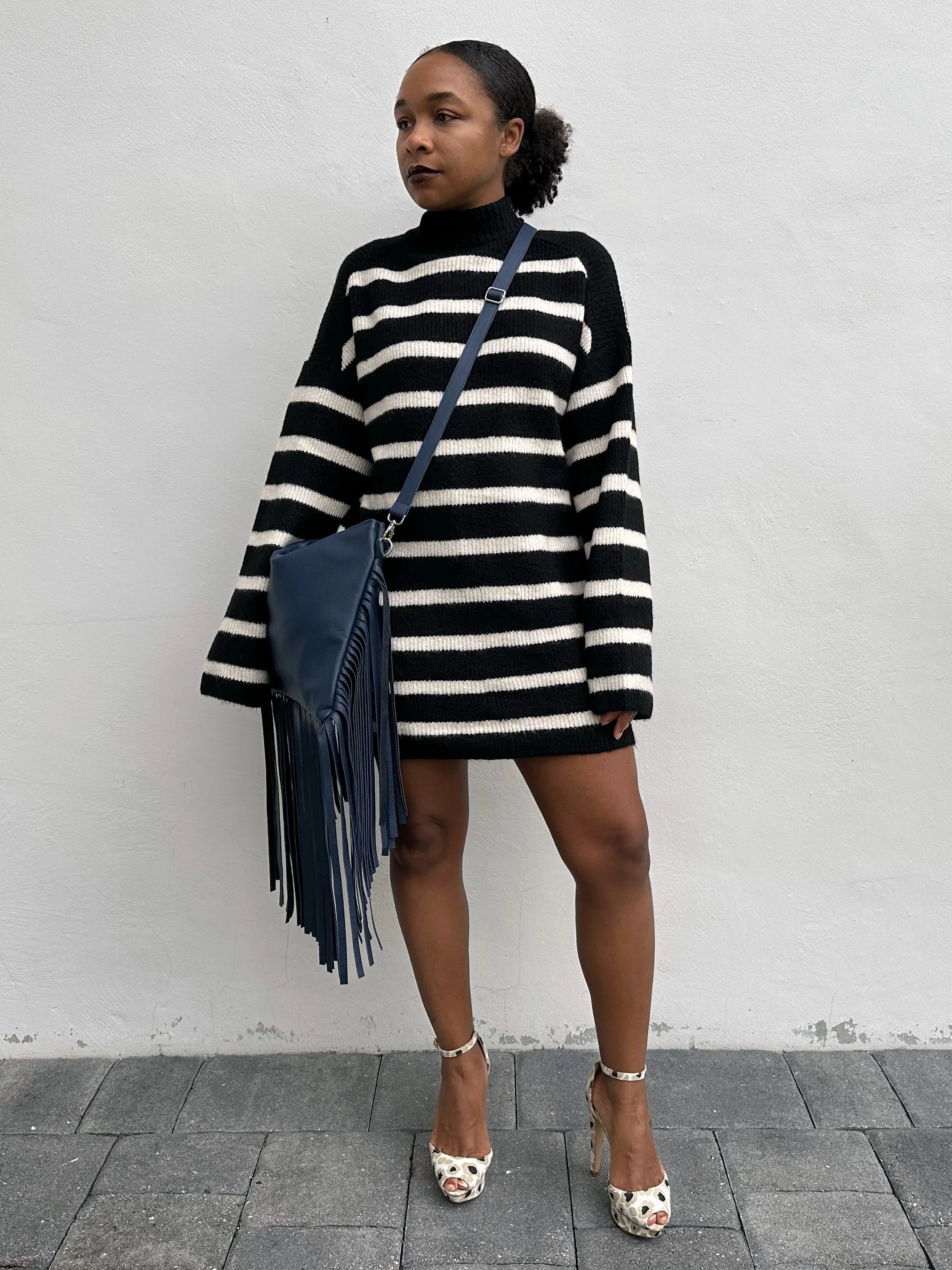 Striped Sweater Dress w/Fringe Bag