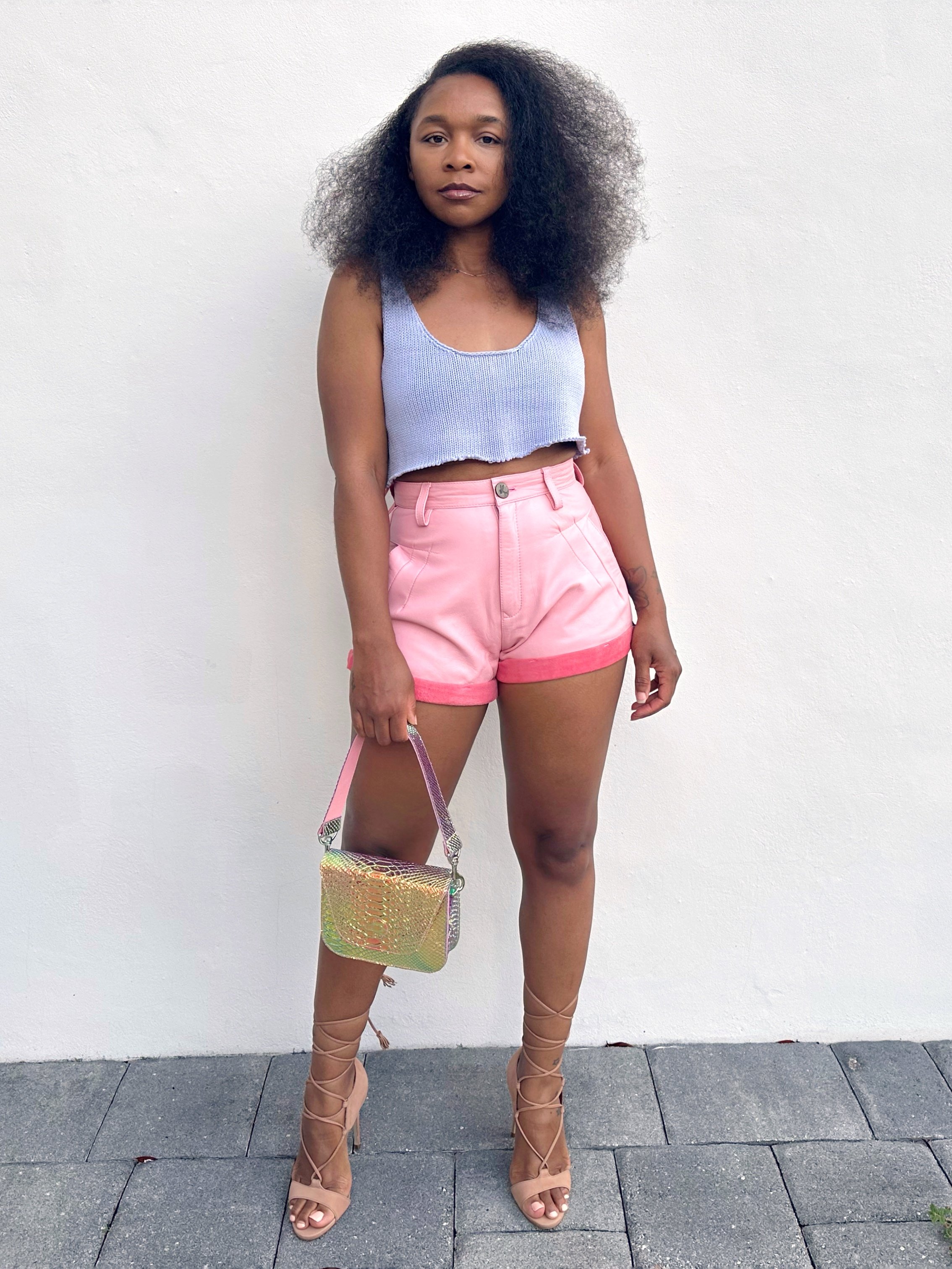 Leather Shorts &amp; Holographic Leather Bag