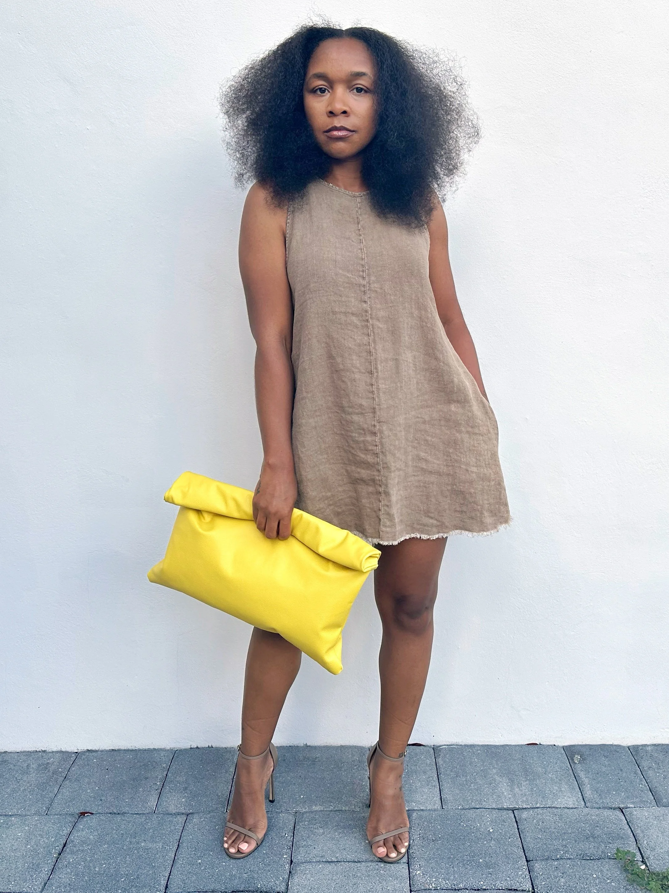 Mini Linen Dress &amp; Yellow Clutch