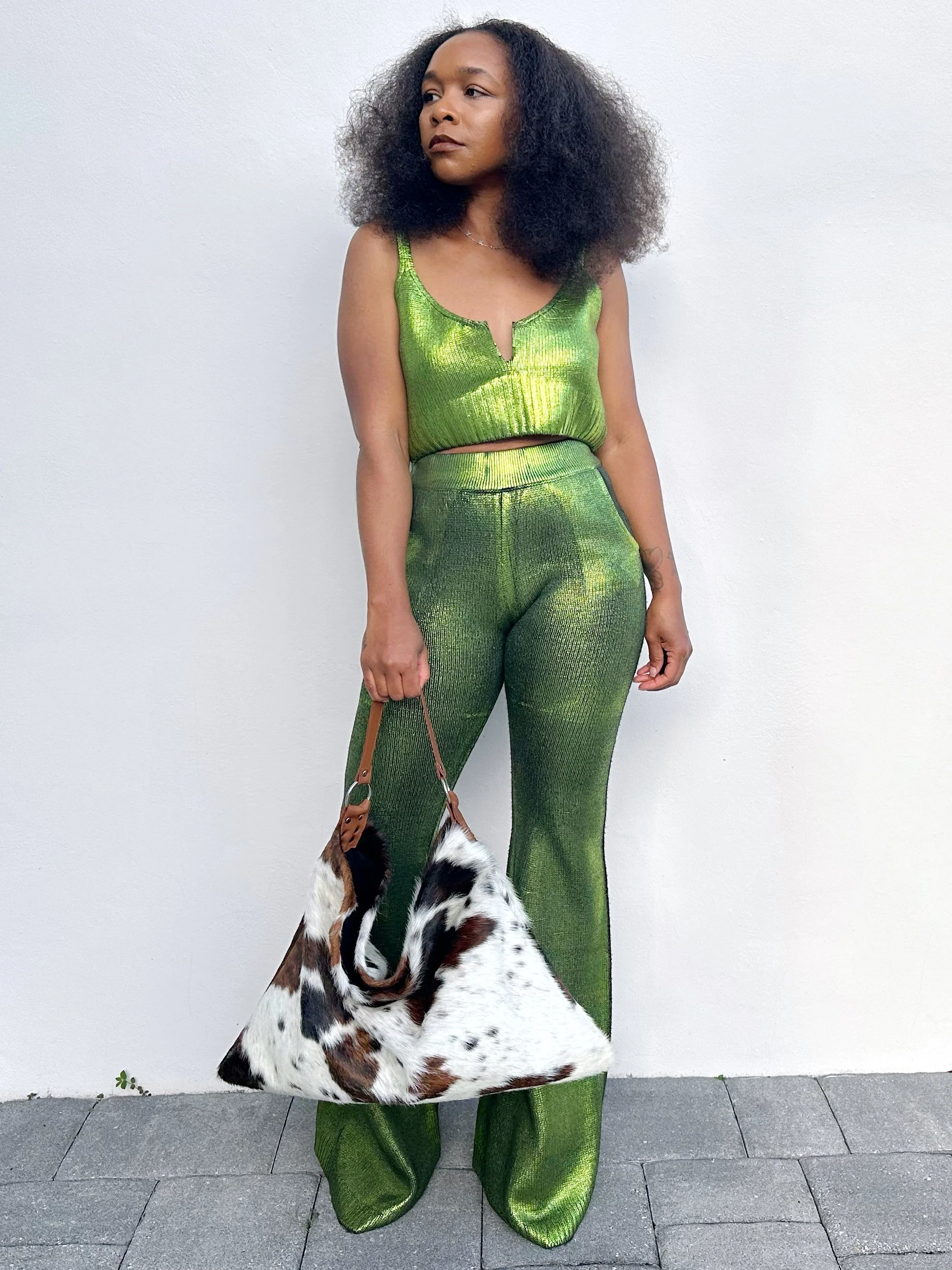 Metallic Knit Pants Set &amp; Cow Print Shoulder Bag