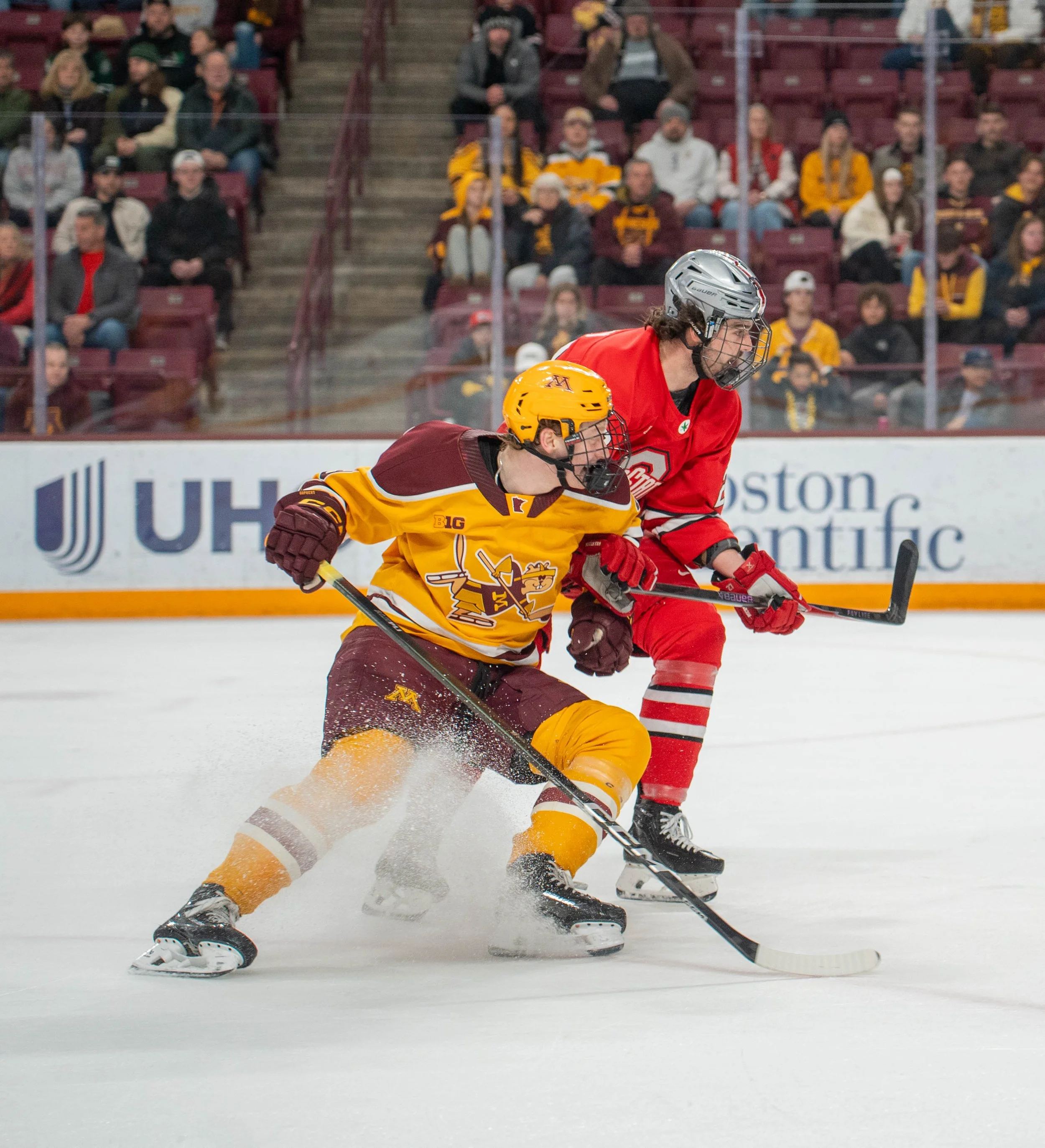 Two hockey players in yellow and red jerseys compete for the puck during a game on ice, with spectators watching from the stands.
