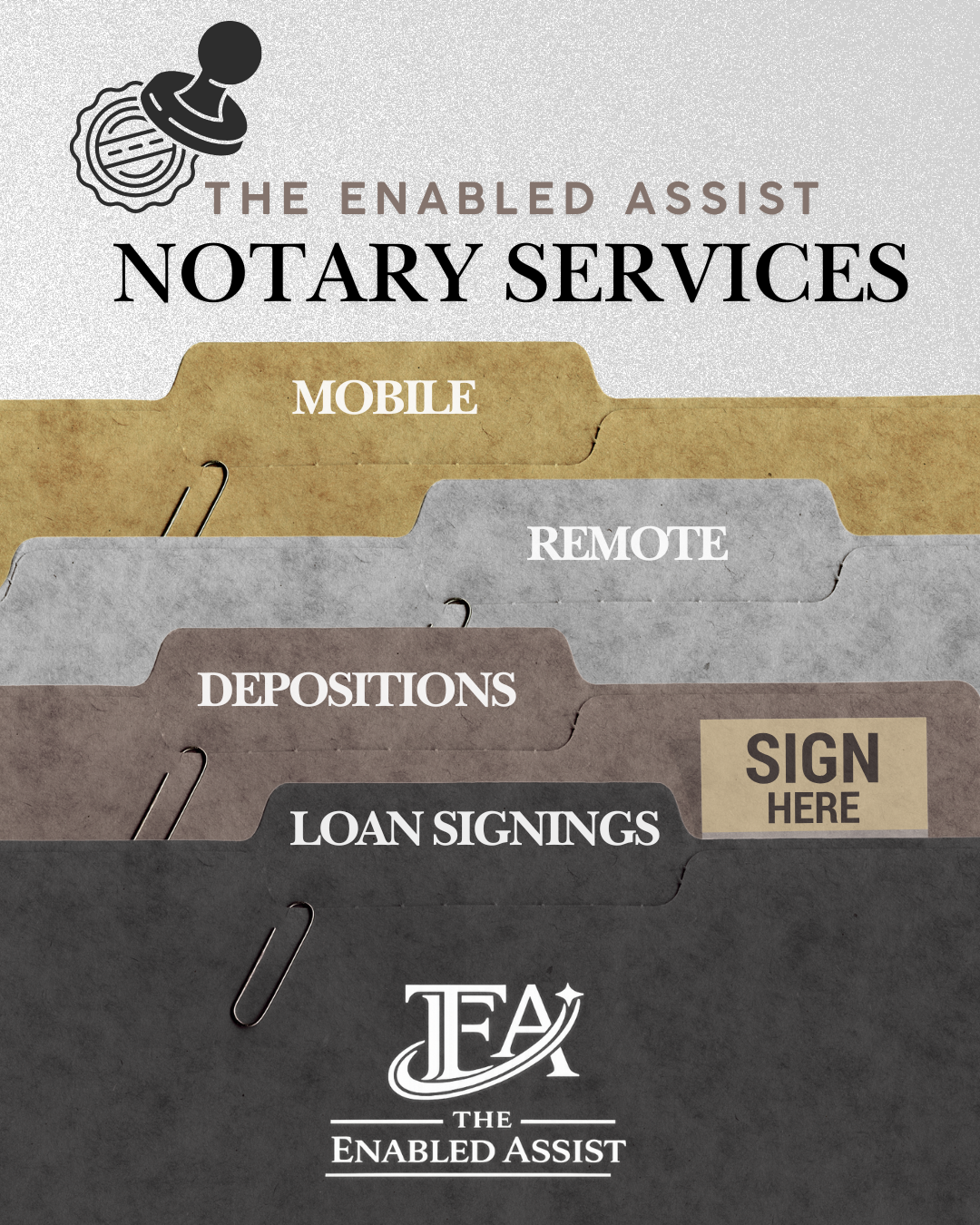 Image of file folders labeled Mobile, Remote, Depositions, and Loan Signings, with an additional sign that says "Sign Here," promoting notary services by The Enabled Assist.