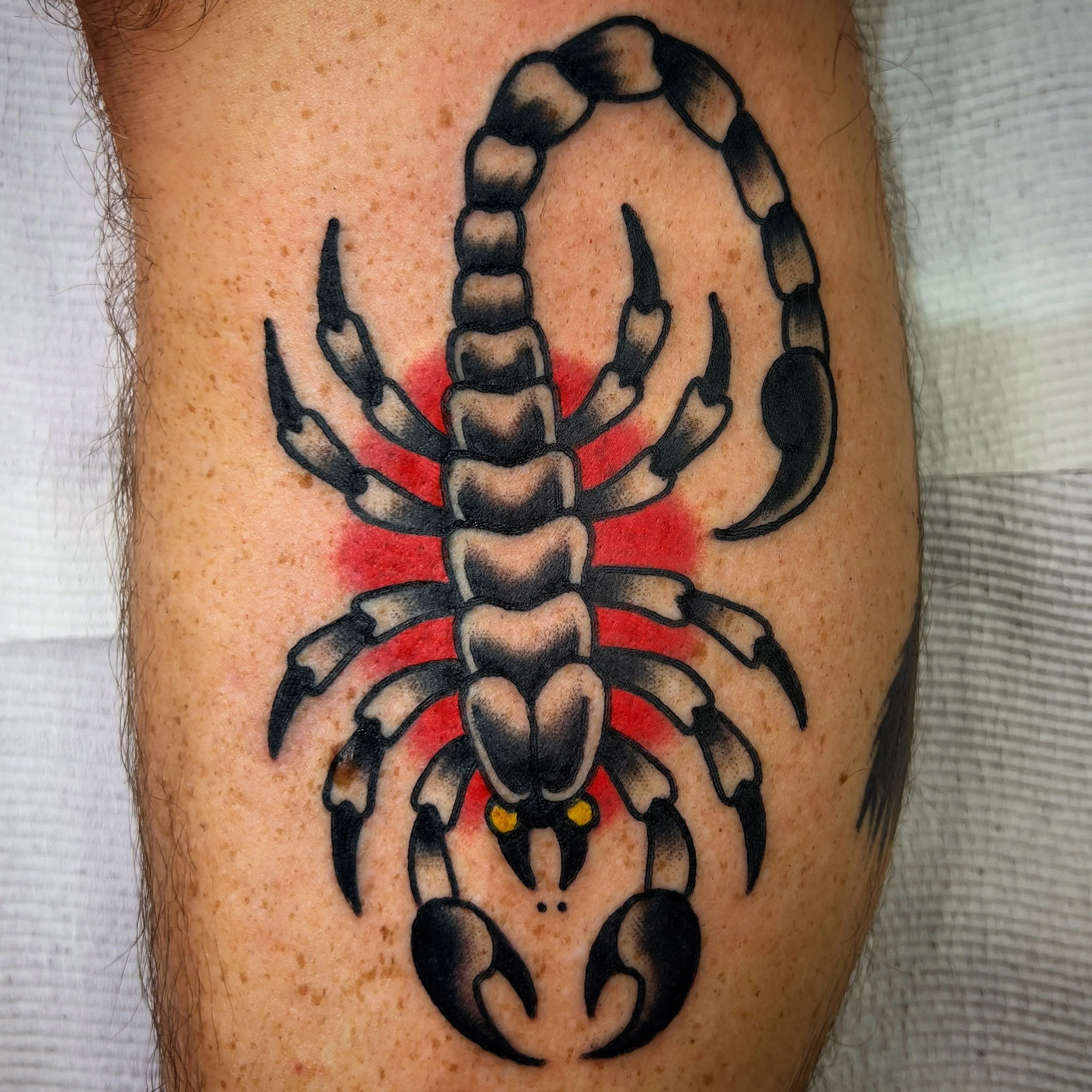 Tattoo of a black and gray scorpion with yellow eyes, situated on skin with red shading behind it.