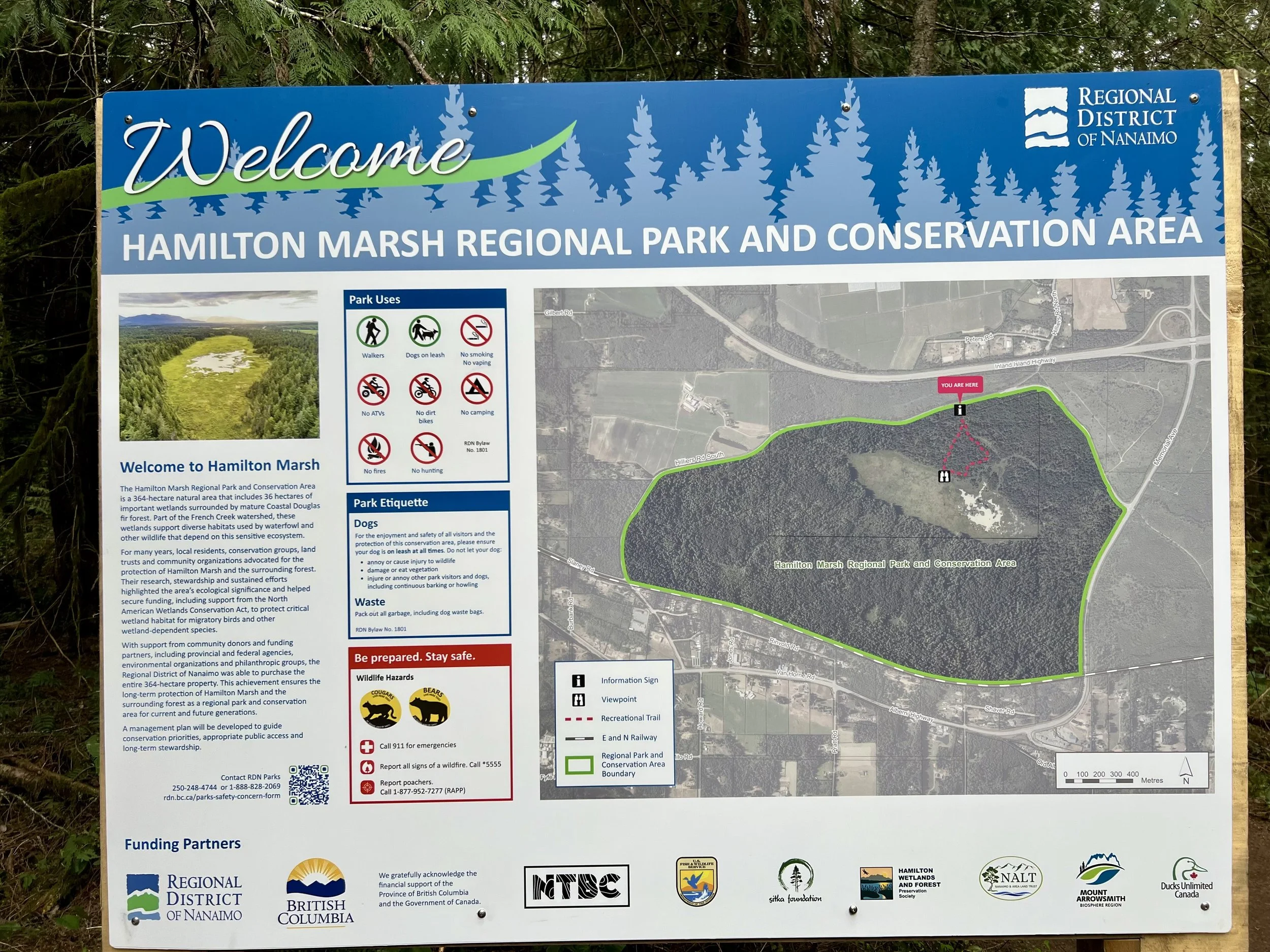 Hamilton Marsh Regional Park and Conservation Area information sign with map and rules
