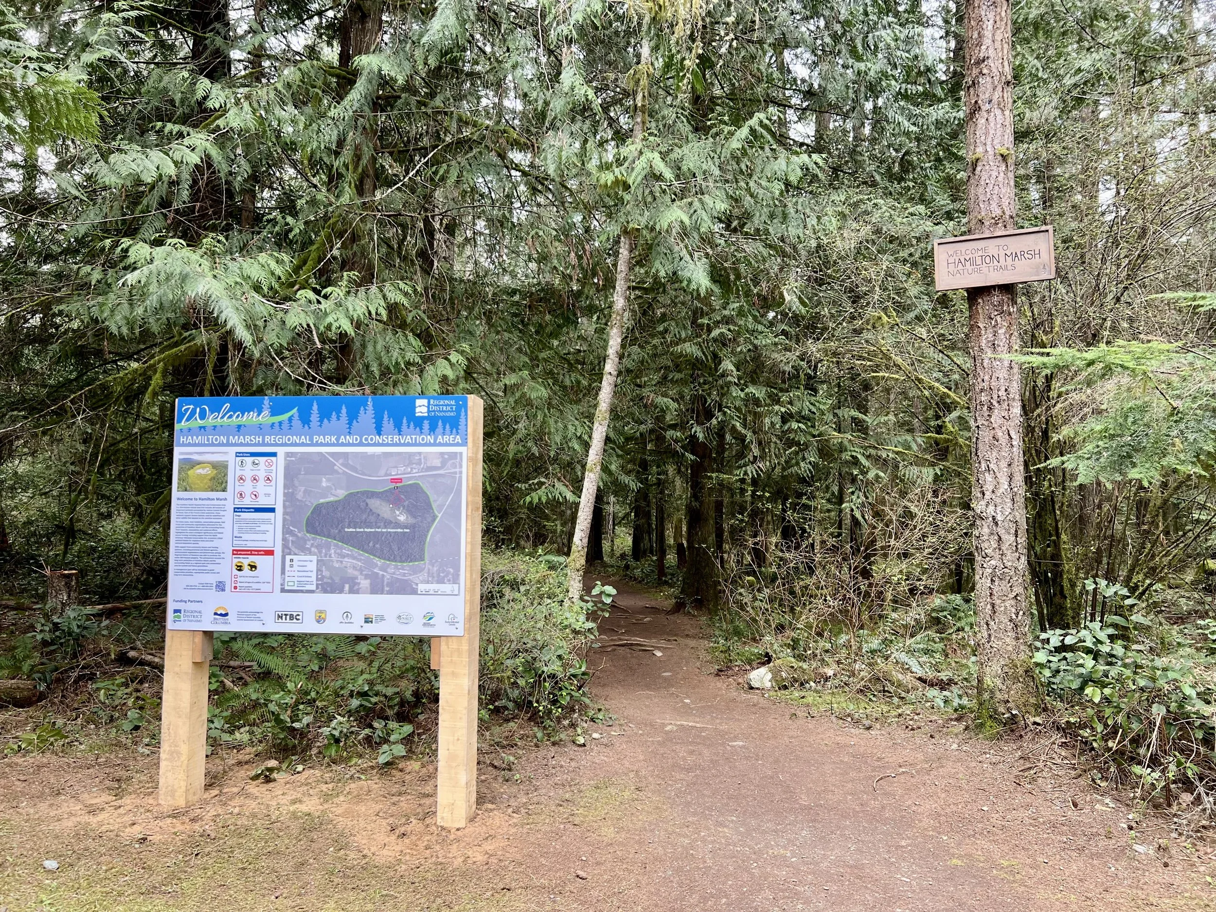 Trailhead entrance to Hamilton Marsh Regional Park near Qualicum Beach