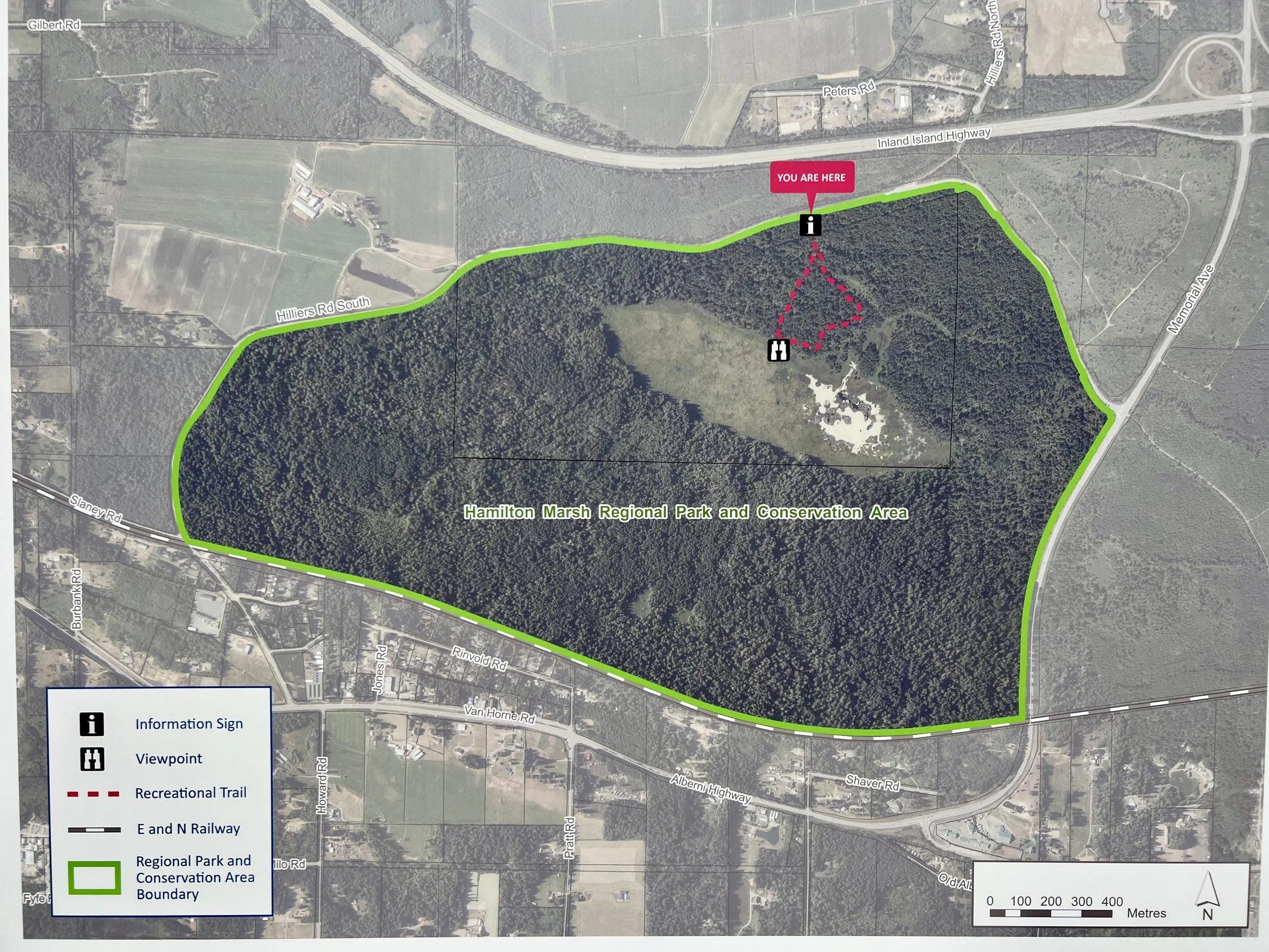 Map of Hamilton Marsh Loop trail showing route and conservation area boundary