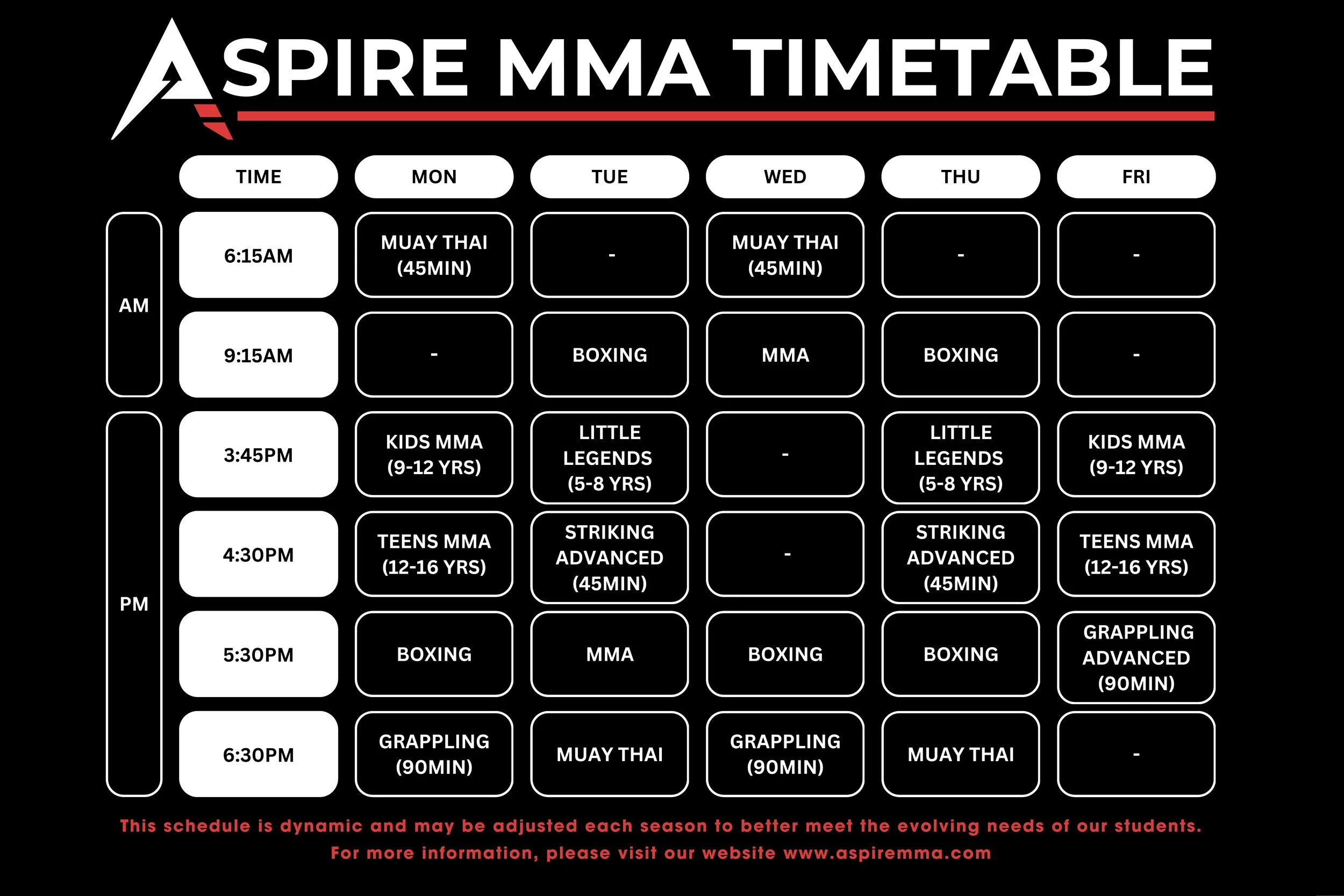 ASPIRE MMA class timetable, early morning, mid morning, afternoon and evening classes scheduled throughout the week, all ages and skill levels, boxing, MMA, BJJ, grappling, jiu jitsu, wrestling, self-defence, kick boxing