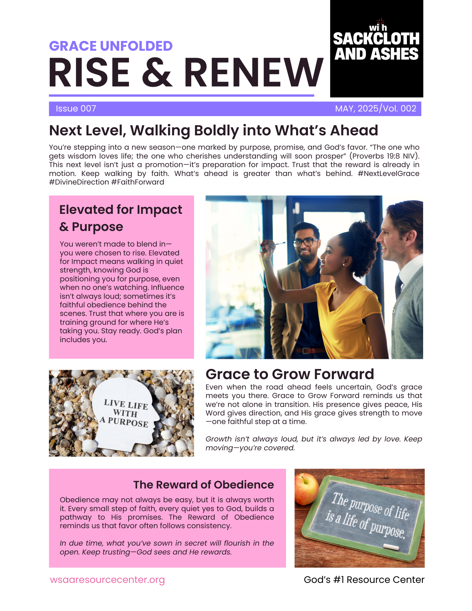 Newsletter titled 'Rise & Renew' with a header quote, a photo of three people engaging in conversation, a chalkboard with the phrase 'The purpose of life is a life of purpose,' and various text boxes with motivational messages about faith and growth.