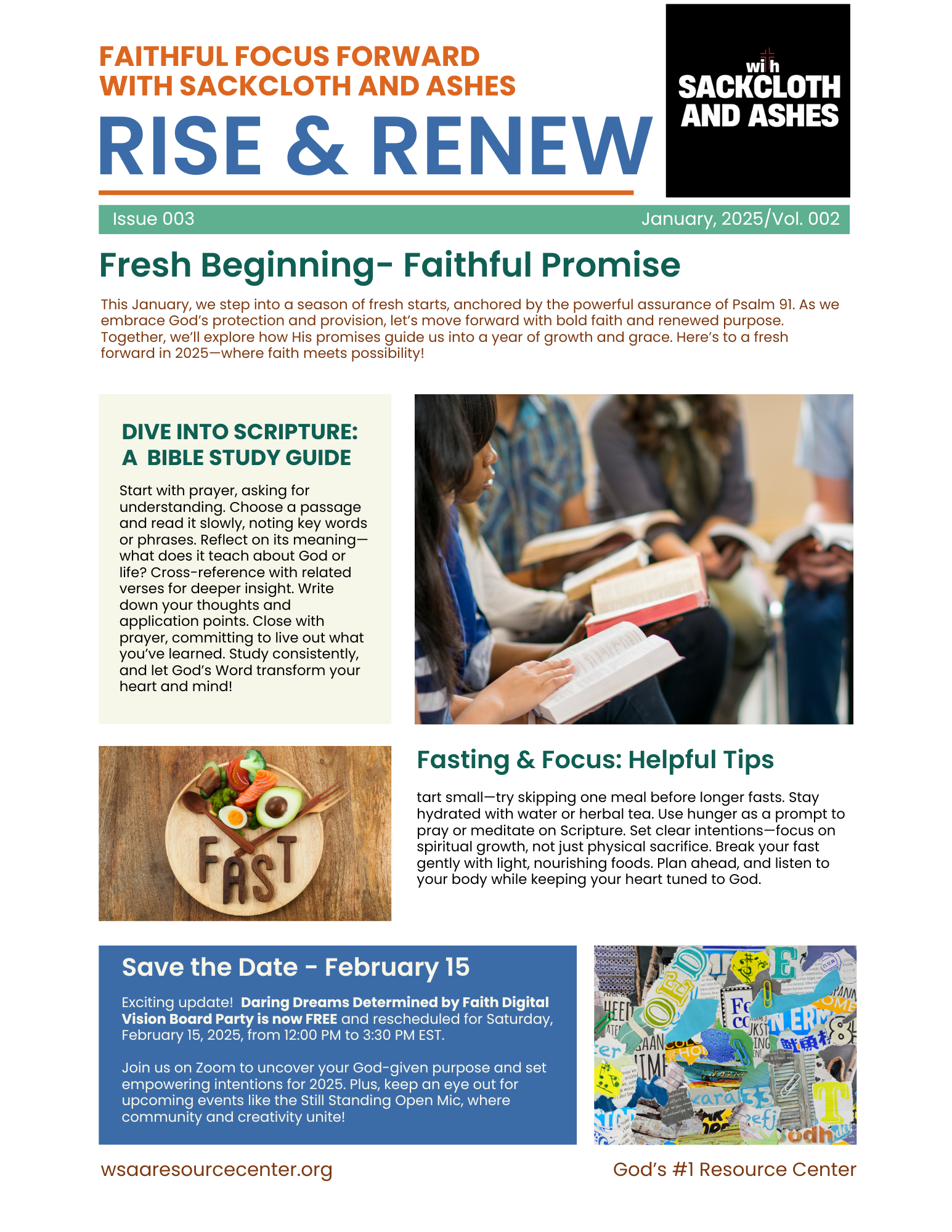 Newsletter titled 'RISE & RENEW' with themes of faith, scripture, fasting, and upcoming event on February 15, 2025. Includes images of people reading scripture, a plate of healthy food, and a collage of letters and symbols.