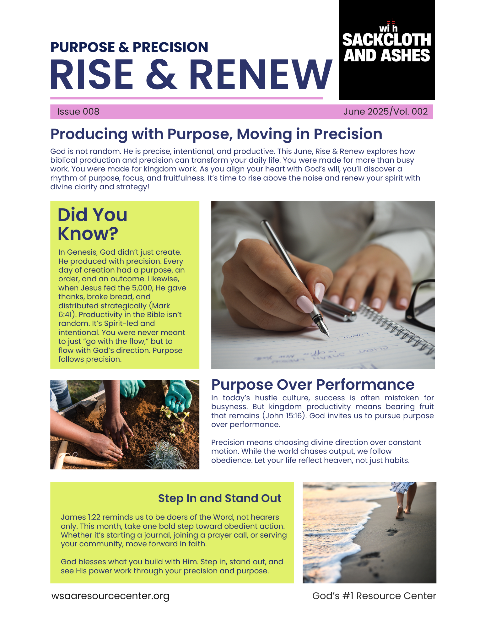 Newsletter titled 'Purpose & Precision: Rise & Renew' with articles on biblical production, purpose, and faith, featuring images of a person writing, planting a garden, and walking on the beach.